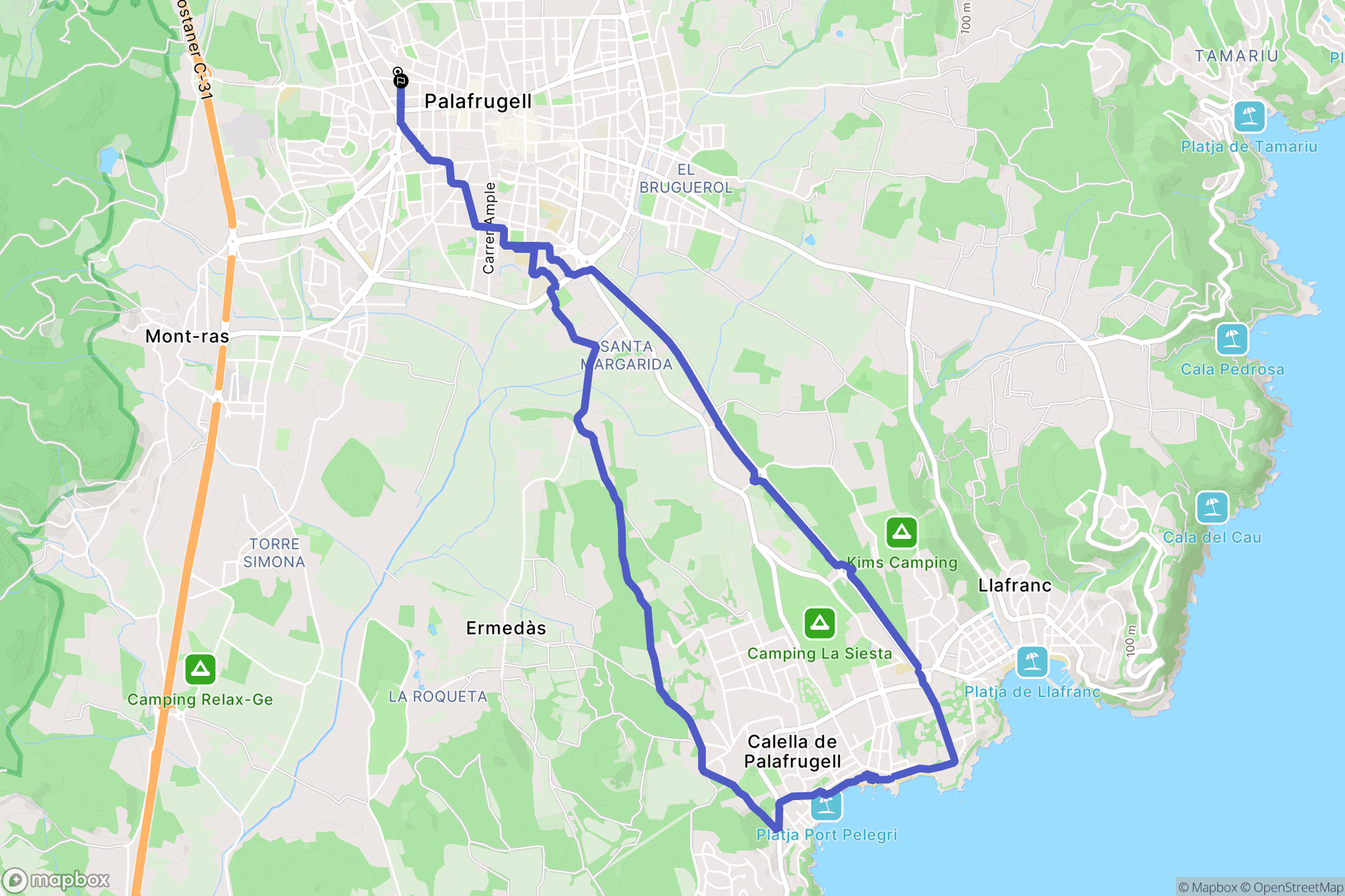 Palafrugell : carte du parcours de randonnée - Spain