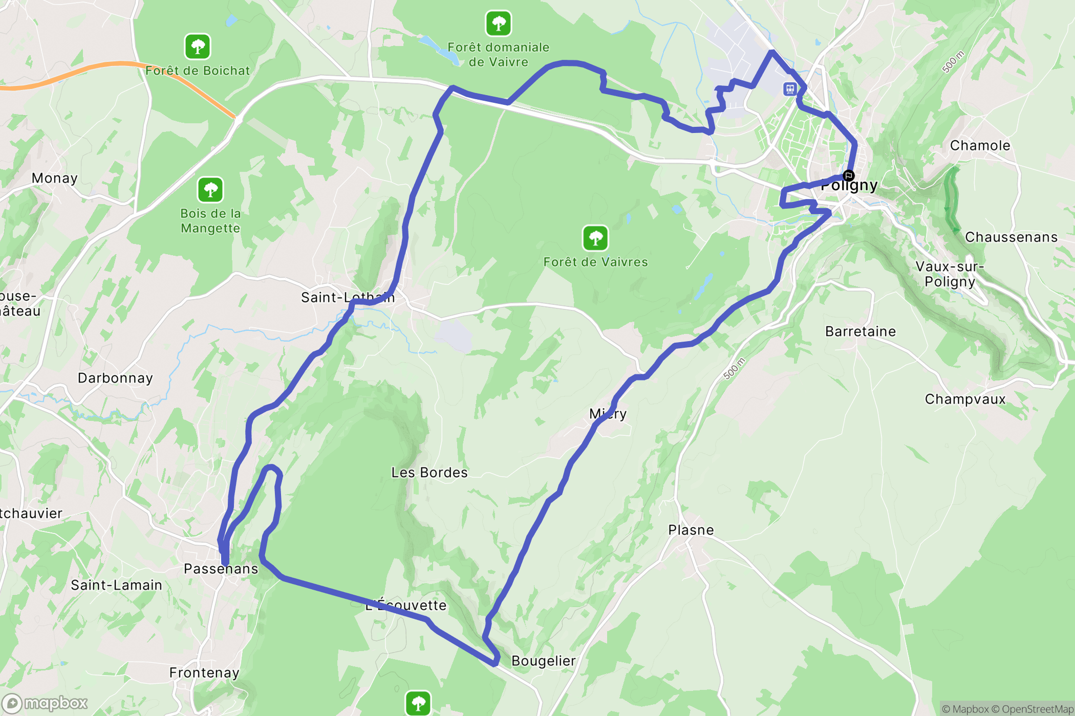 Poligny : carte du parcours de randonnée - France