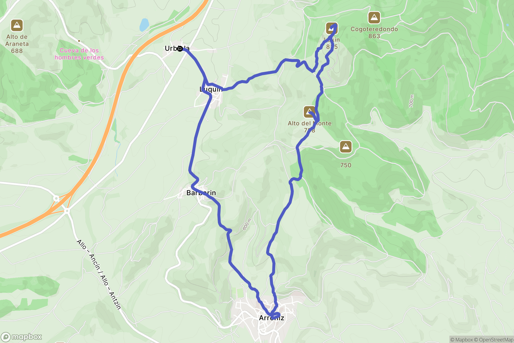 Urbiola : carte du parcours de randonnée - Spain