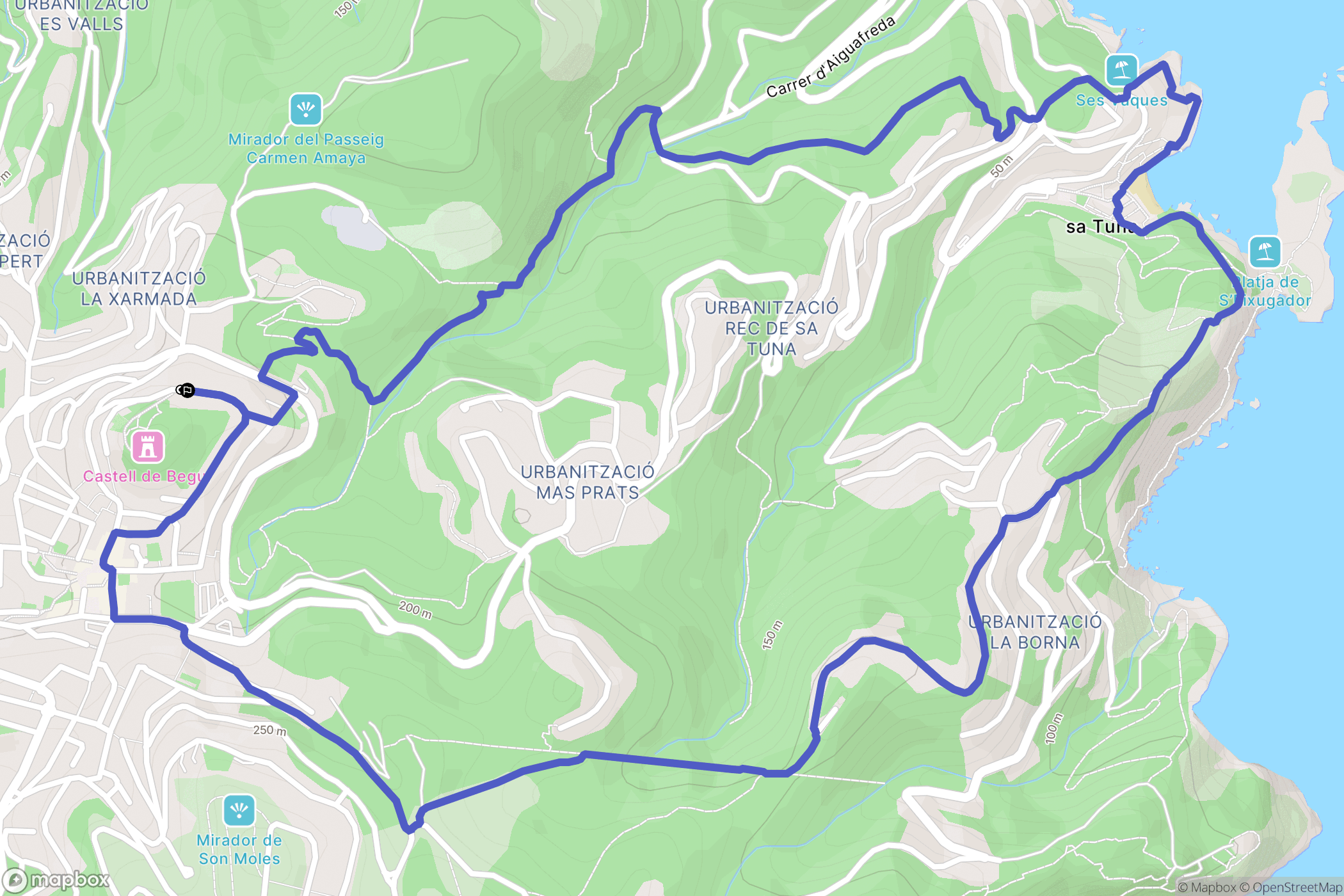 Begur : carte du parcours de randonnée - Spain