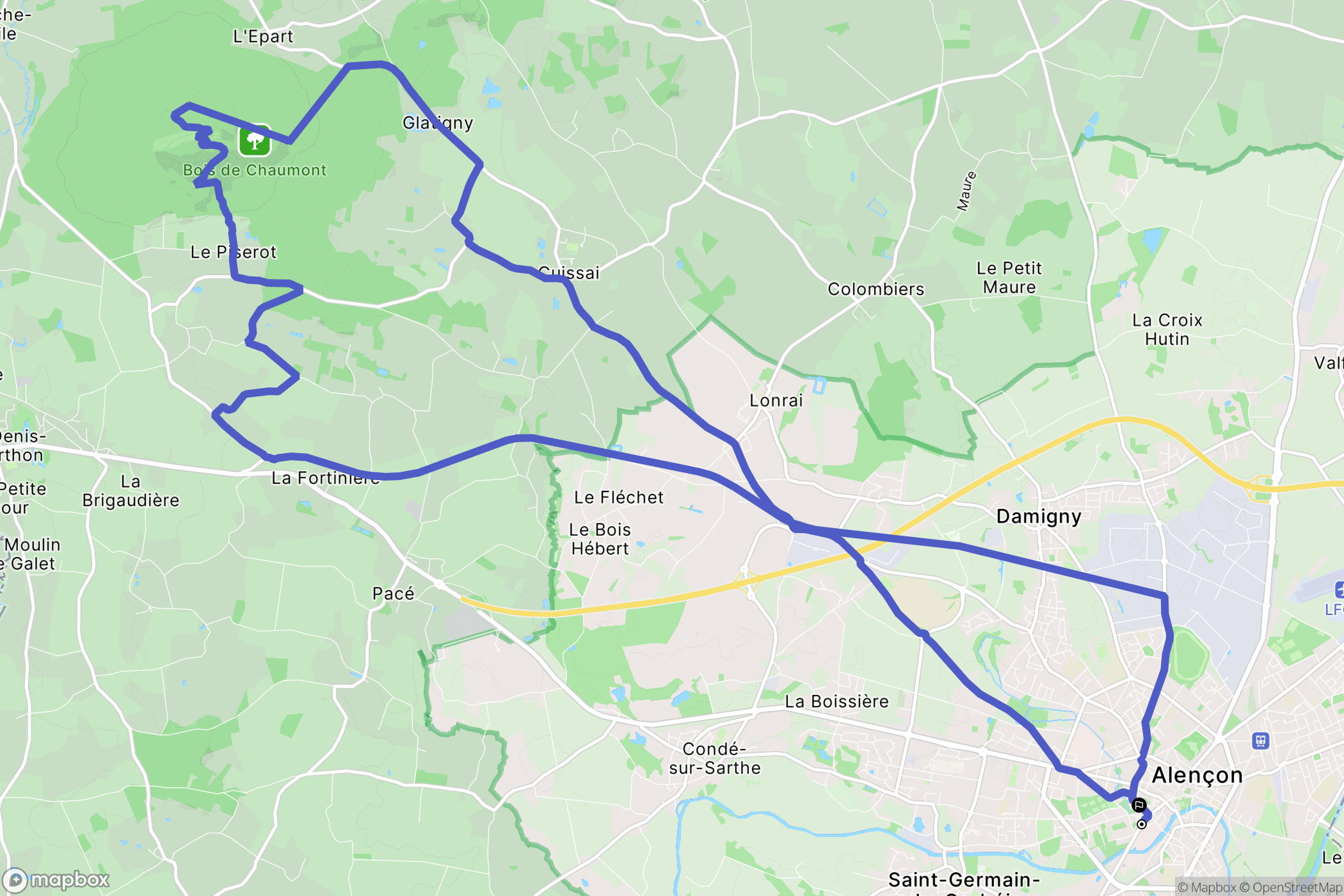 Alençon : carte du parcours de randonnée - France
