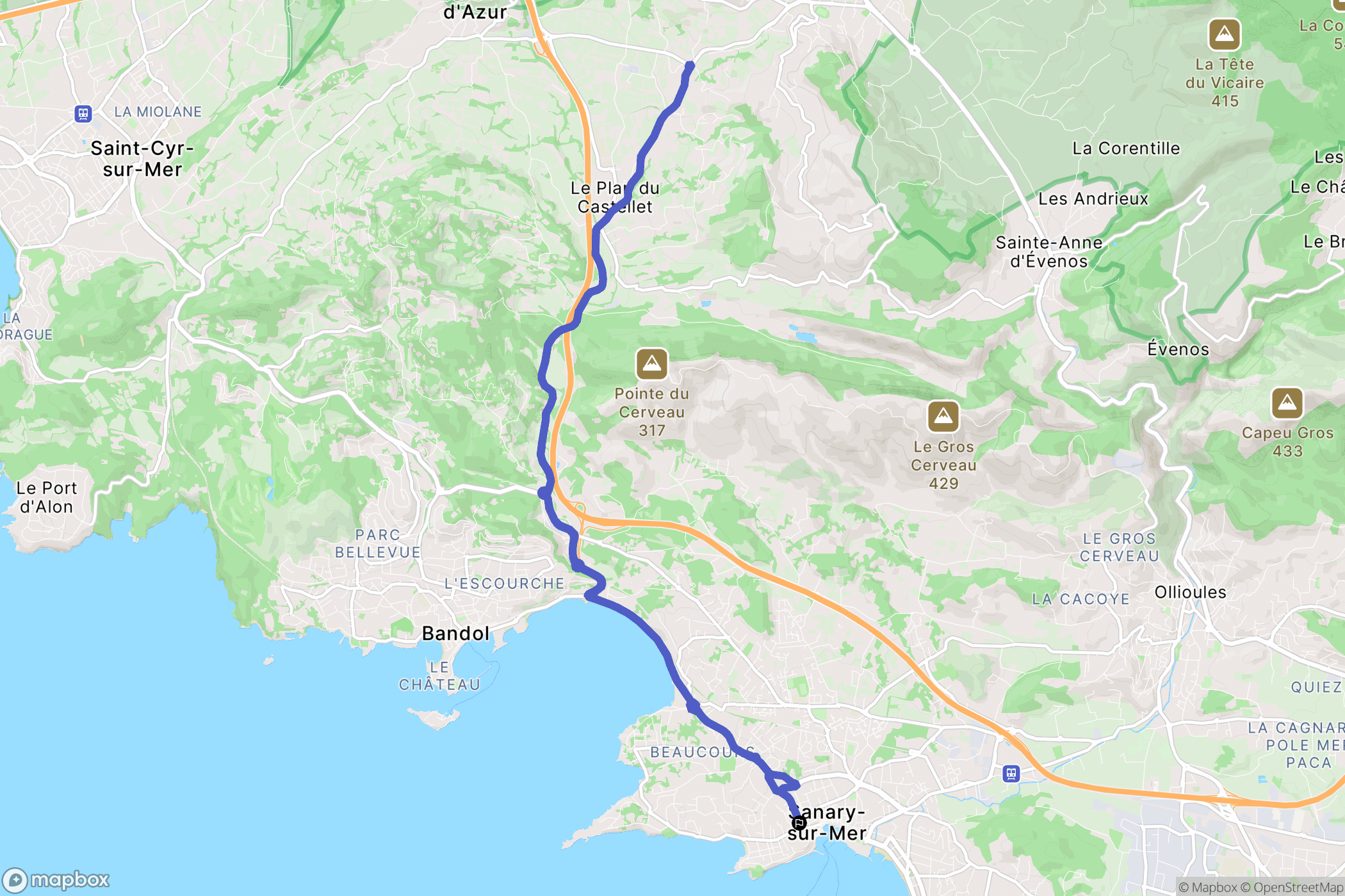 Sanary-sur-Mer : carte du parcours de randonnée - France