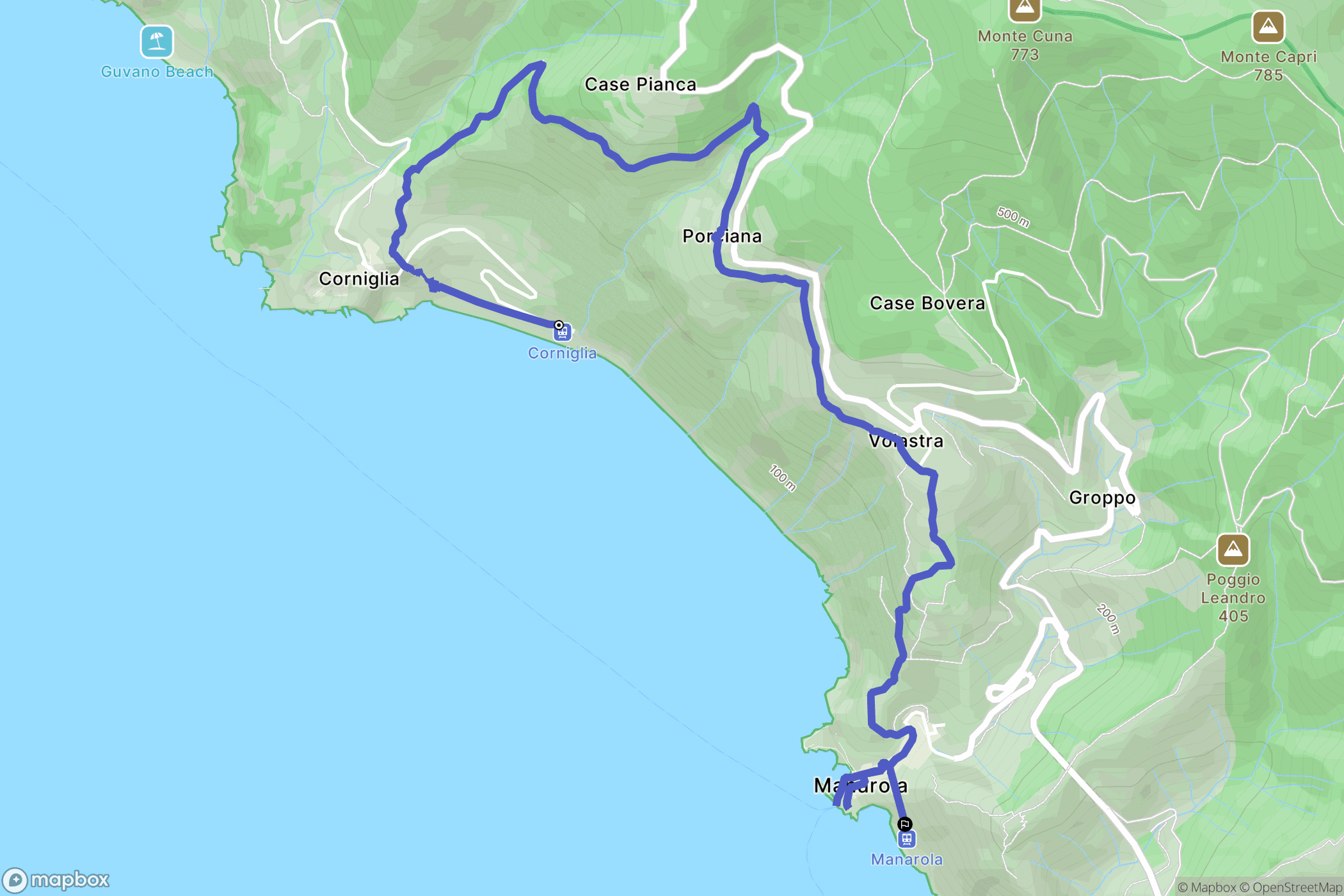 Corniglia : carte du parcours de randonnée - Italy