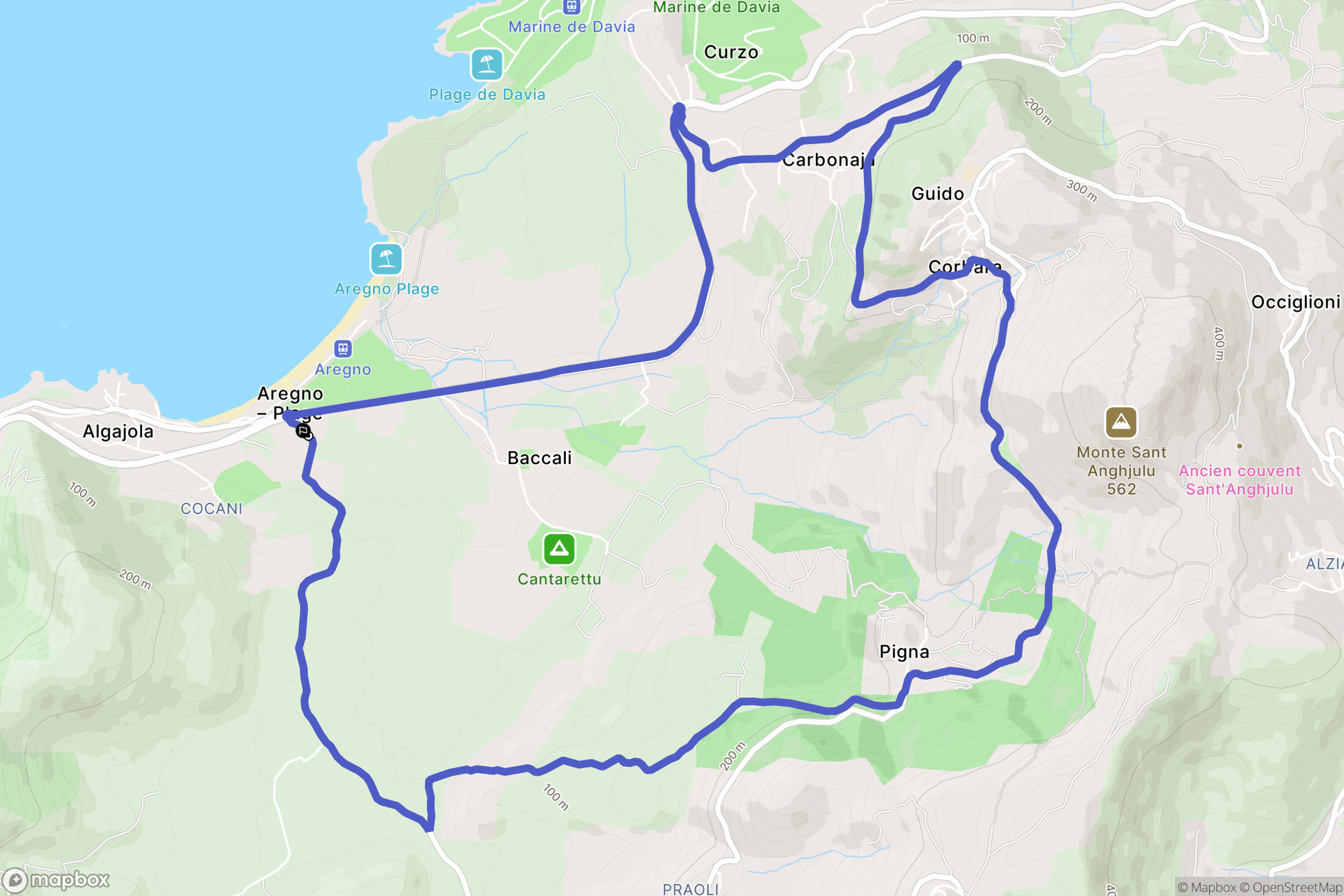 Aregno : carte du parcours de randonnée - France