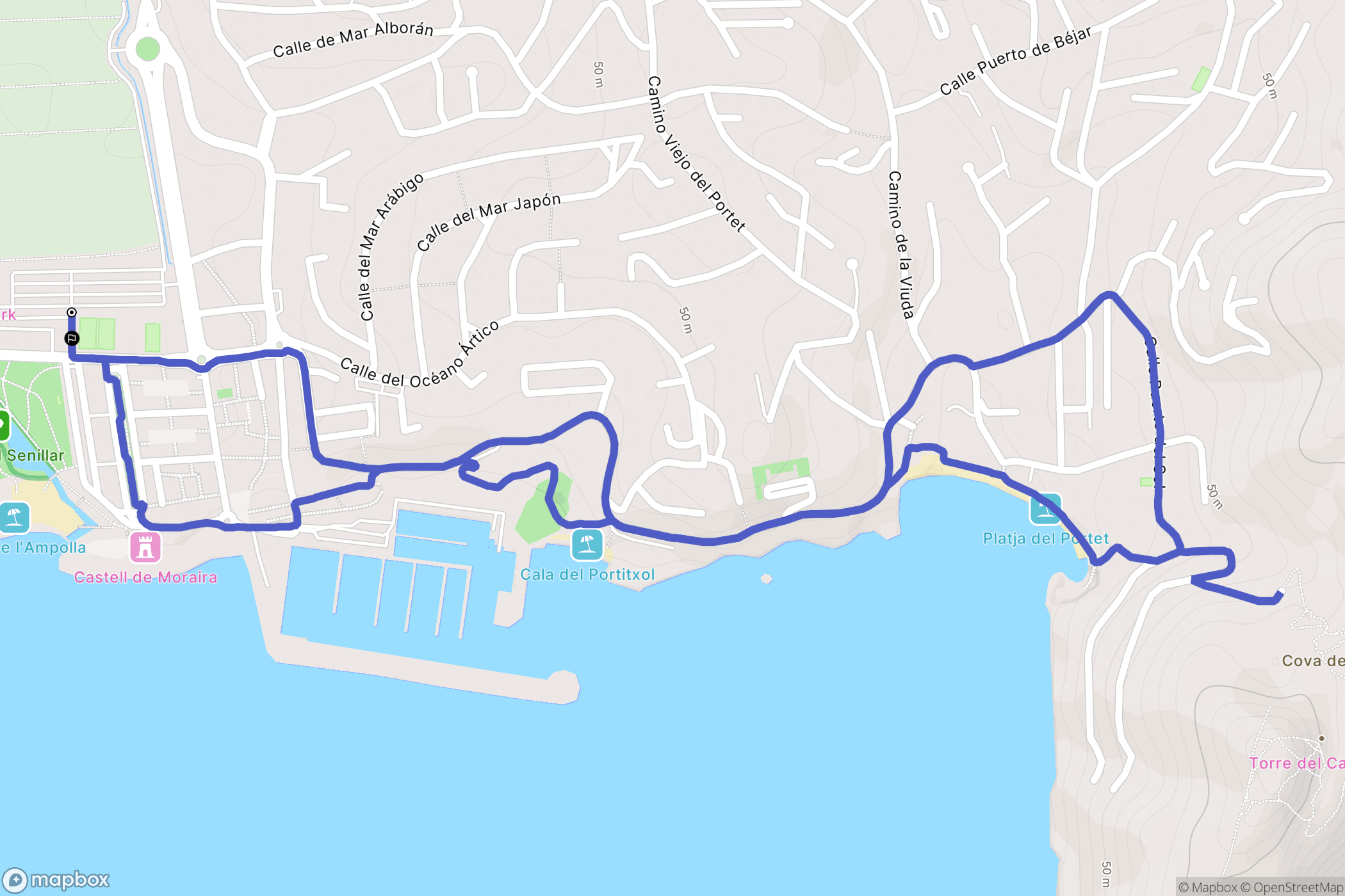 Moraira : carte du parcours de randonnée - Spain
