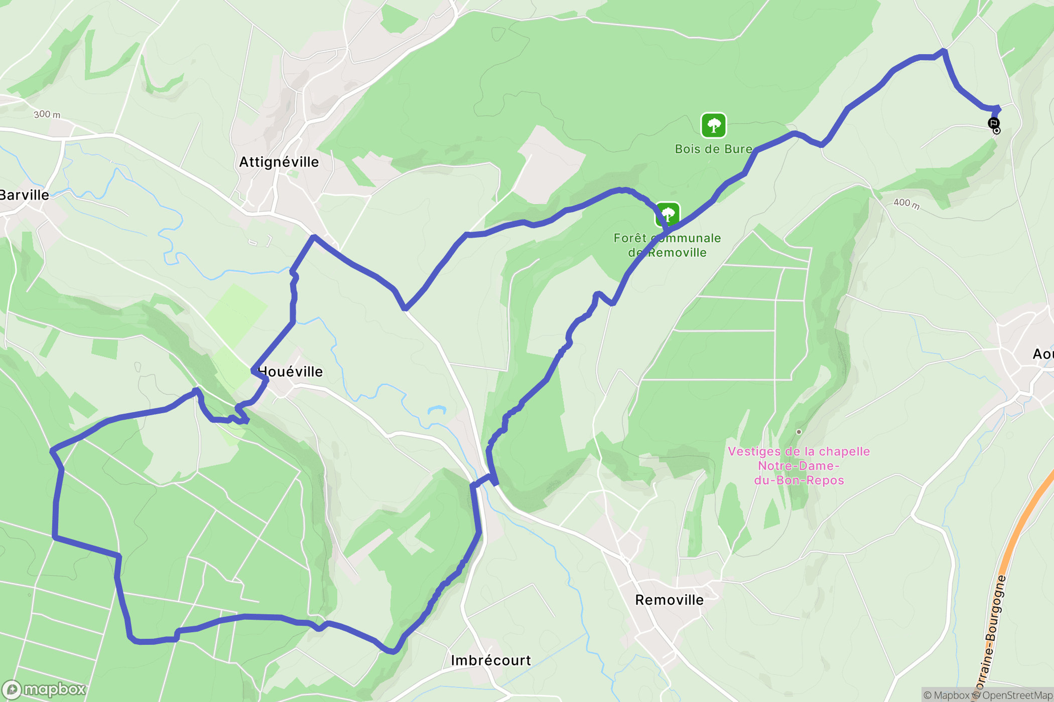 Aouze : carte du parcours de randonnée - France
