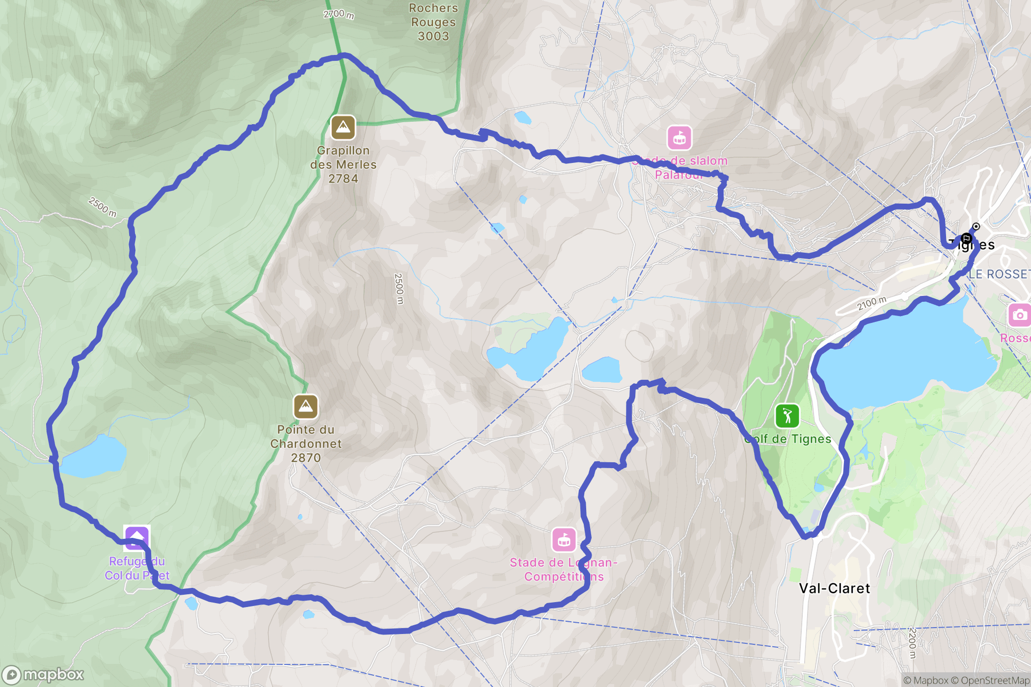 Tignes : carte du parcours de randonnée - France