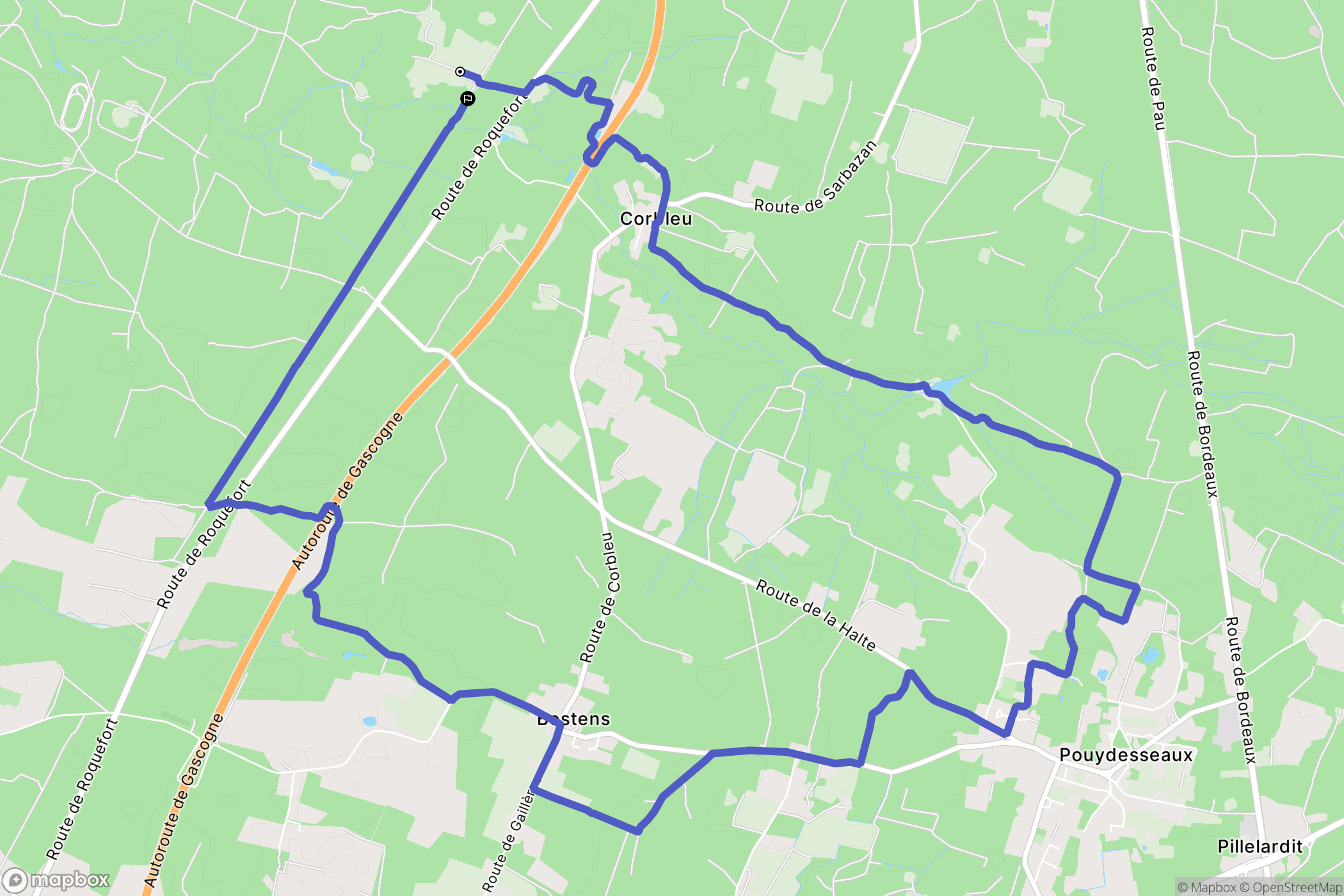 Pouydesseaux : carte du parcours de randonnée - France