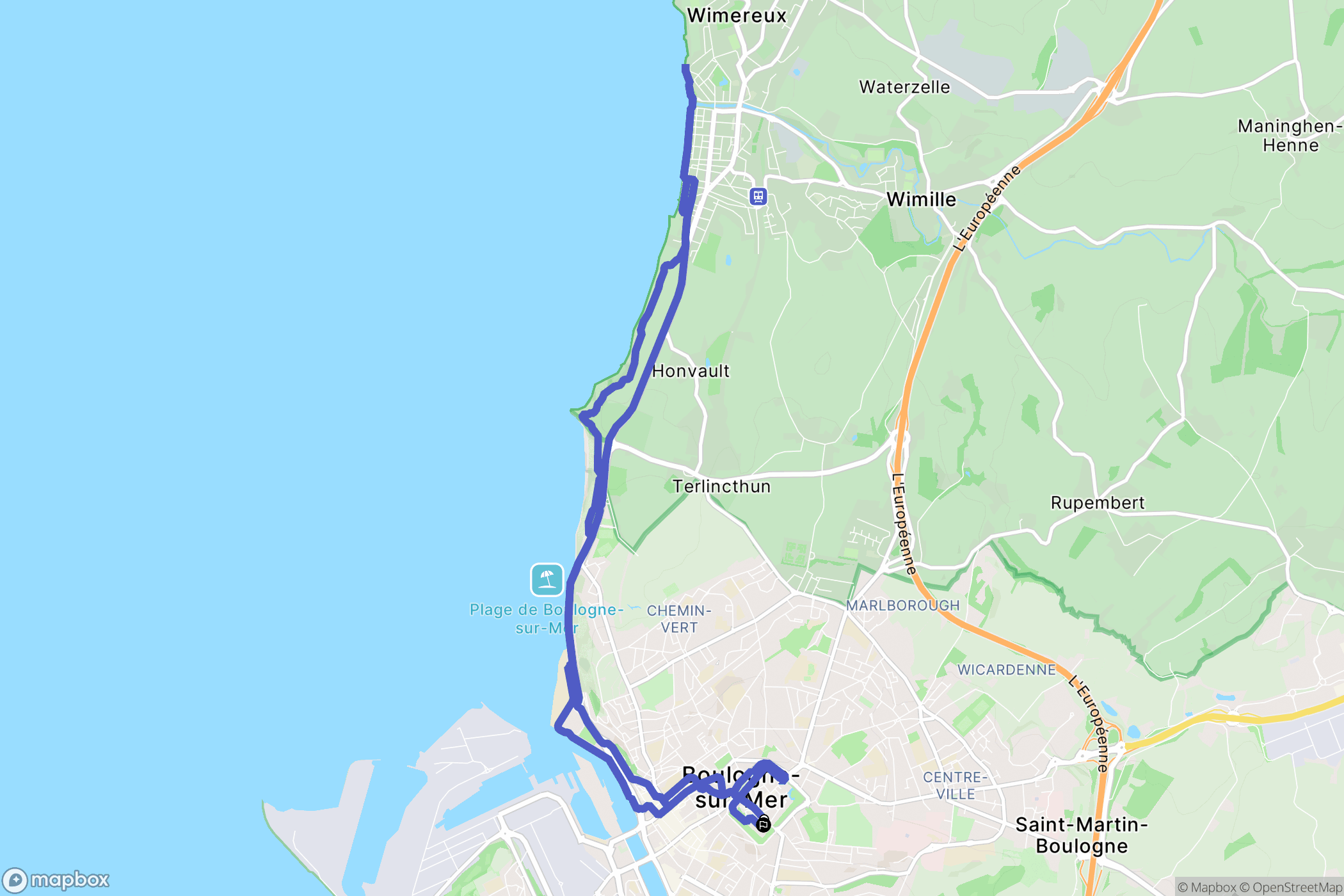Boulogne-sur-Mer : carte du parcours de randonnée - France