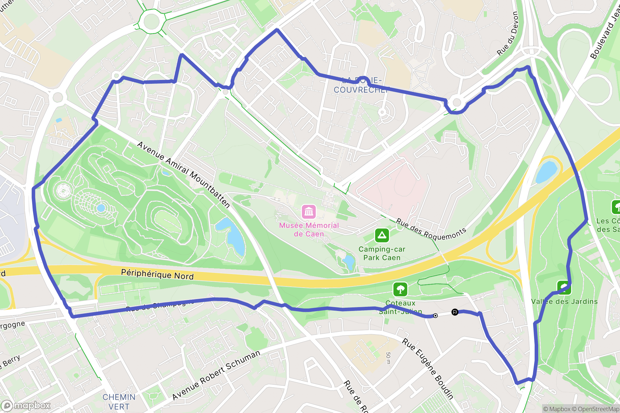 Caen : carte du parcours de randonnée - France