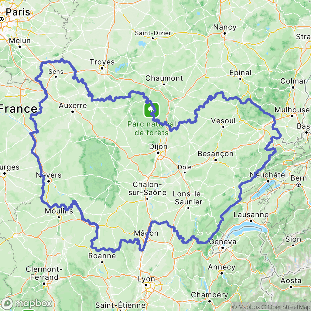 Carte de la zone de délimitation de bourgogne-franche-comte
