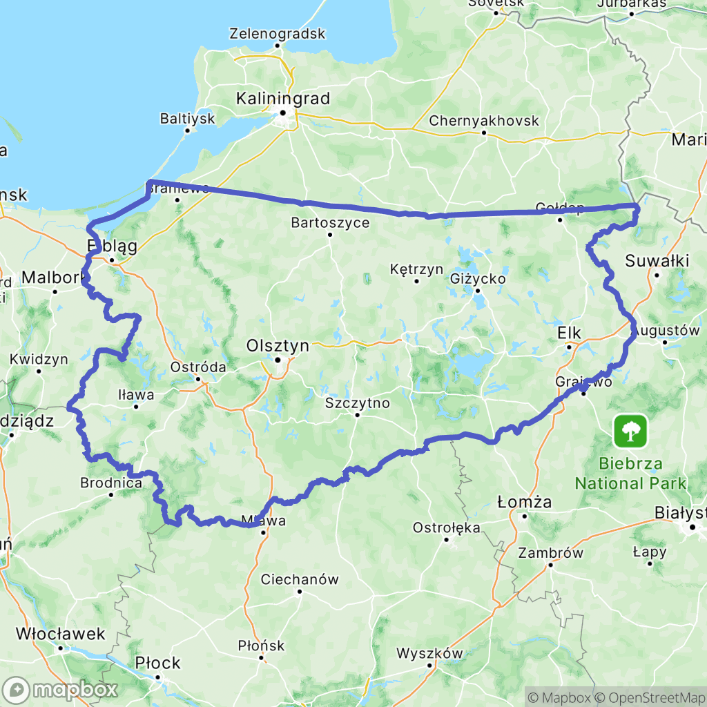 Mapa wyznaczonego obszaru warminsko-mazurskie
