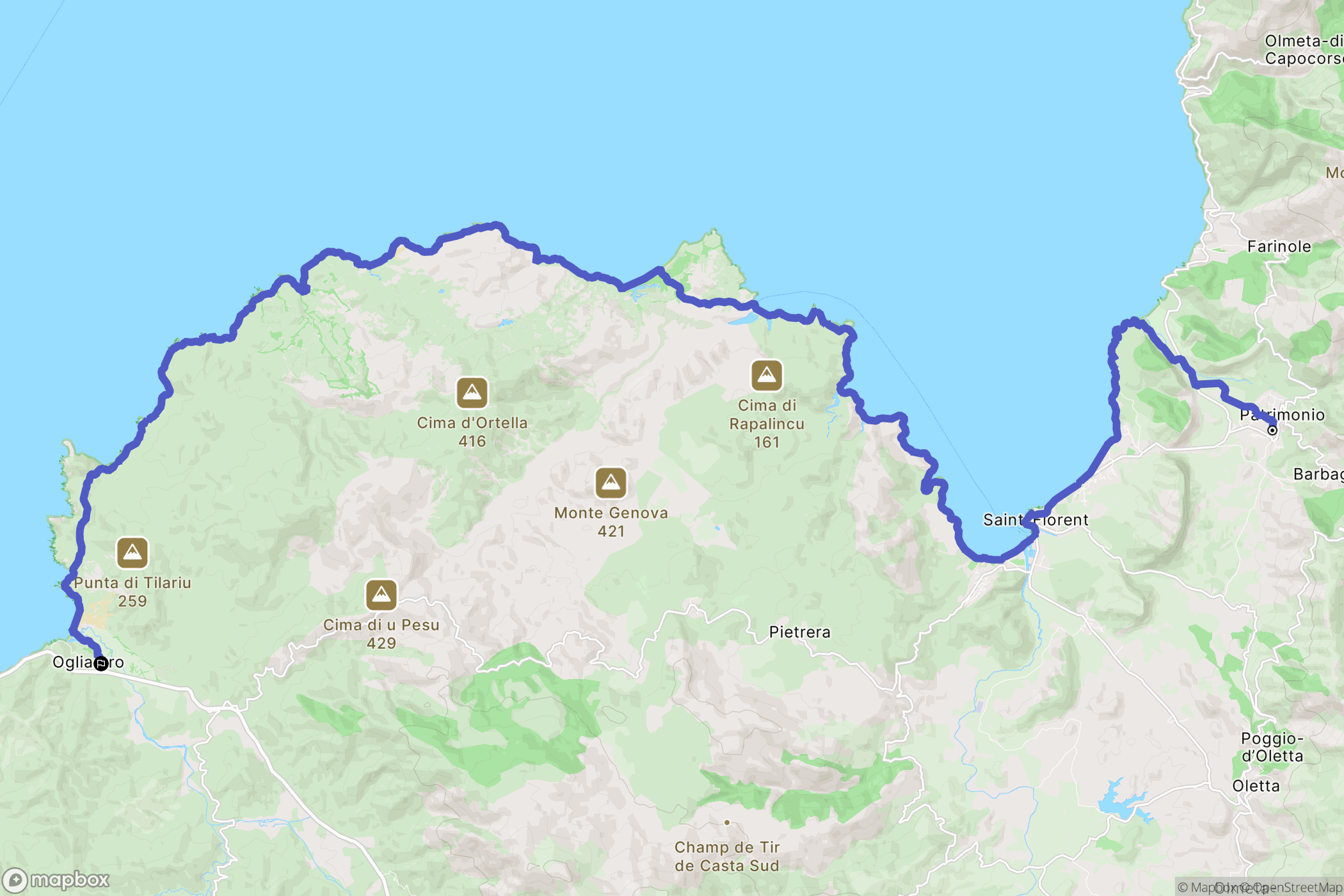 Patrimonio : carte du parcours de randonnée - France