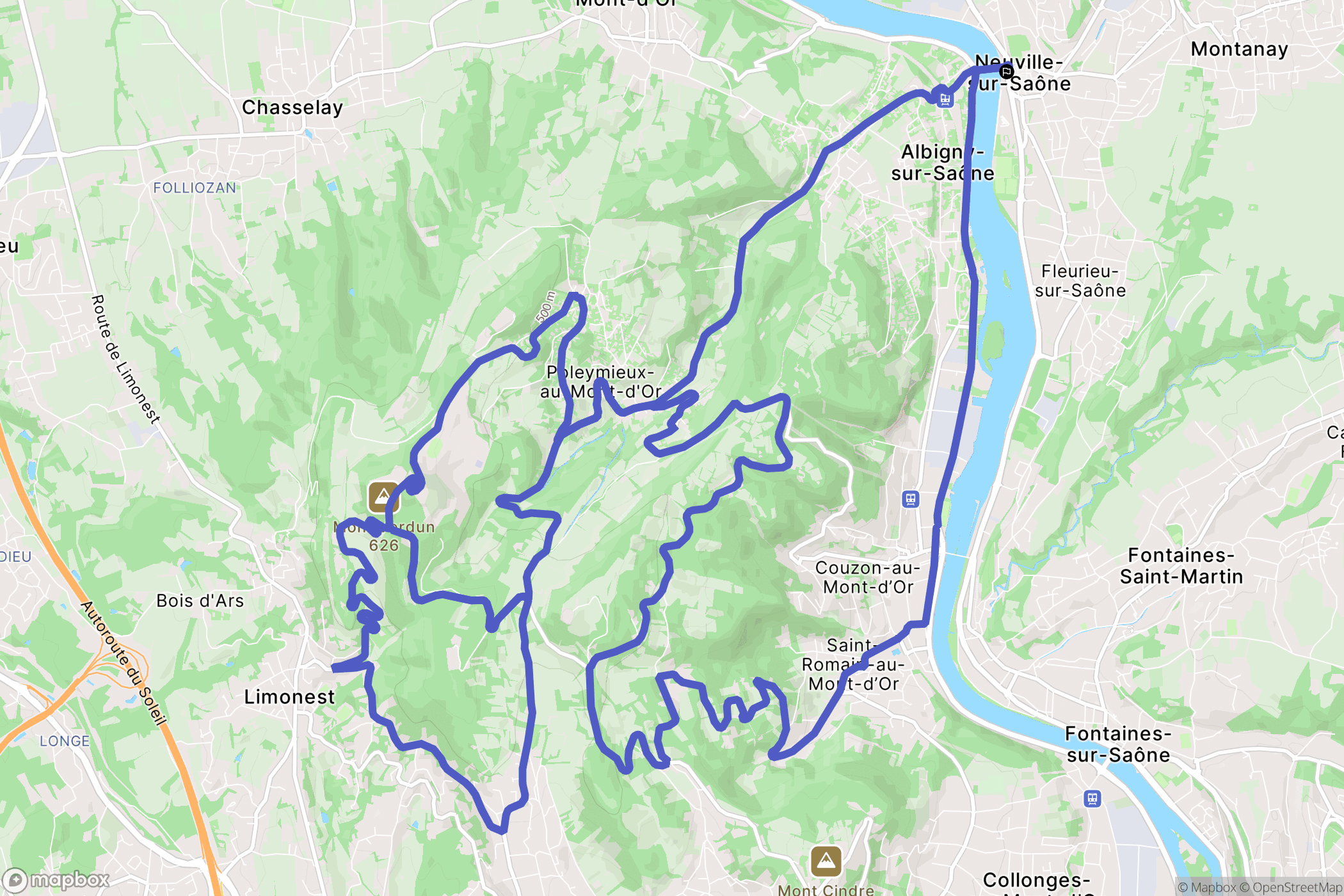 Neuville-sur-Saône : carte du parcours de randonnée - France