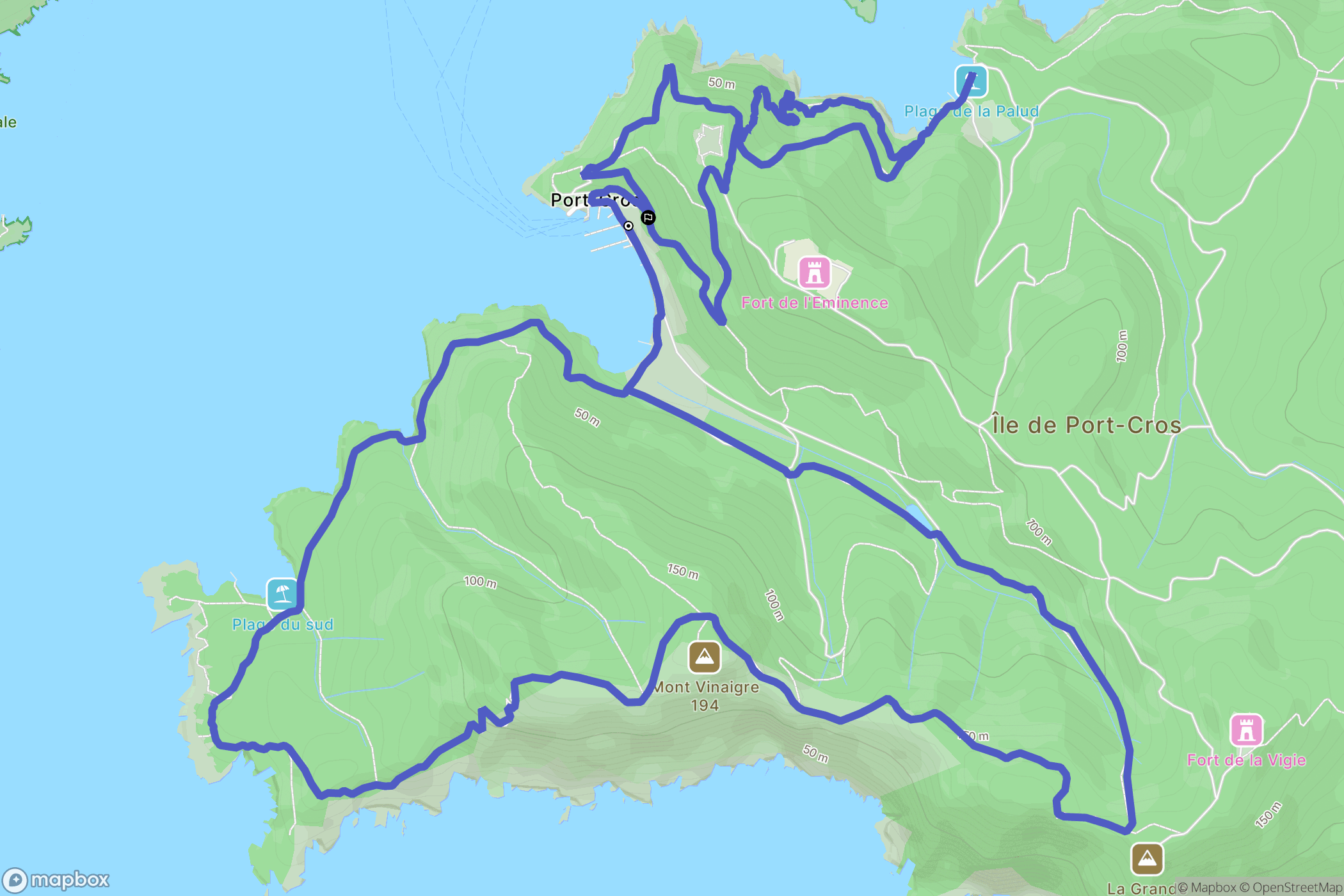 Île de Port-Cros : carte du parcours de randonnée - France