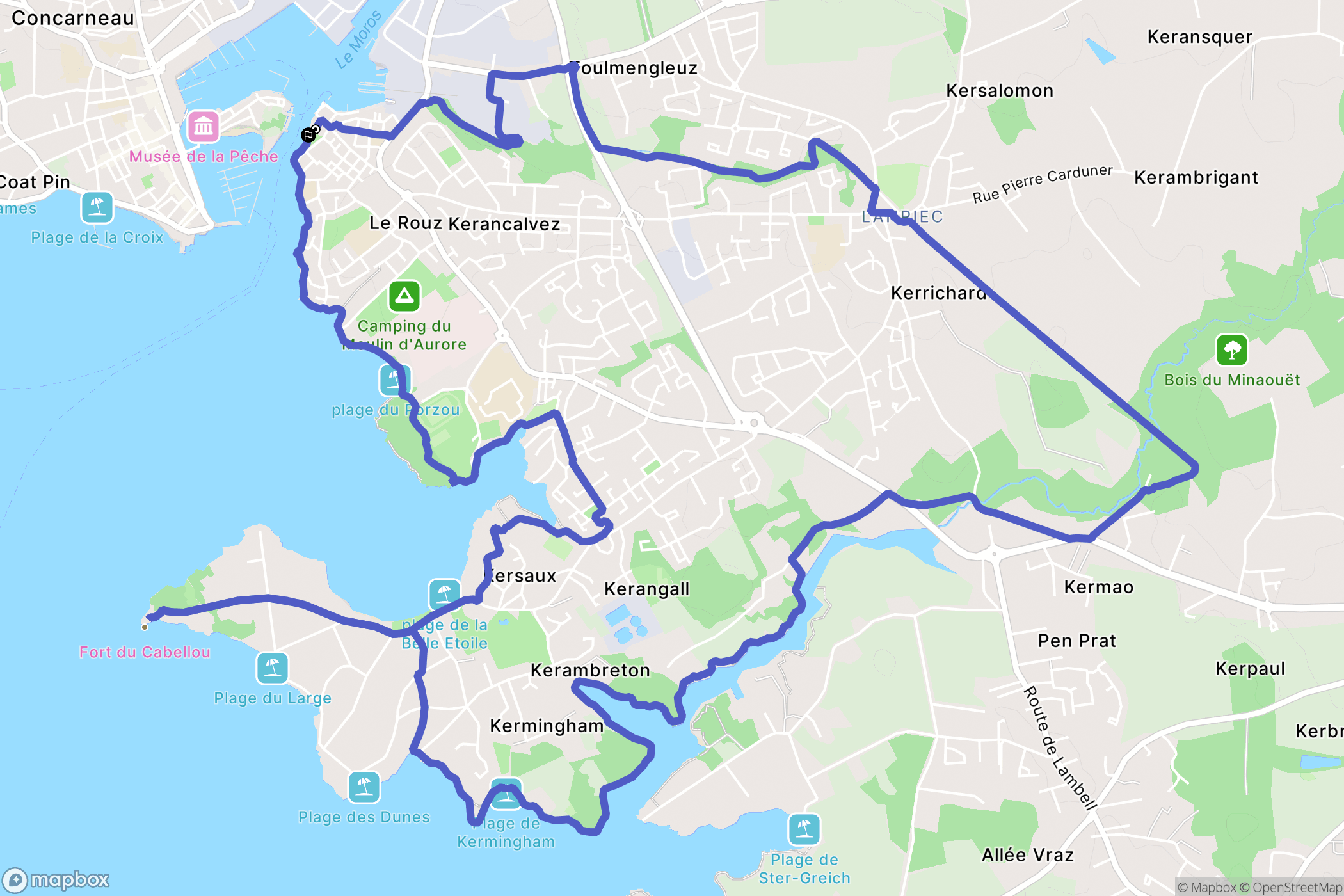 Concarneau : carte du parcours de randonnée - France