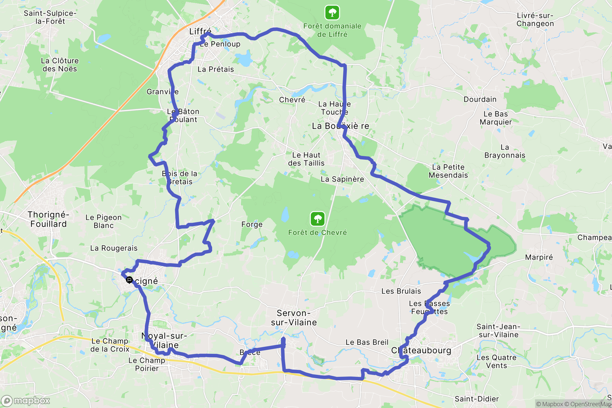 Acigné : carte du parcours de randonnée - France