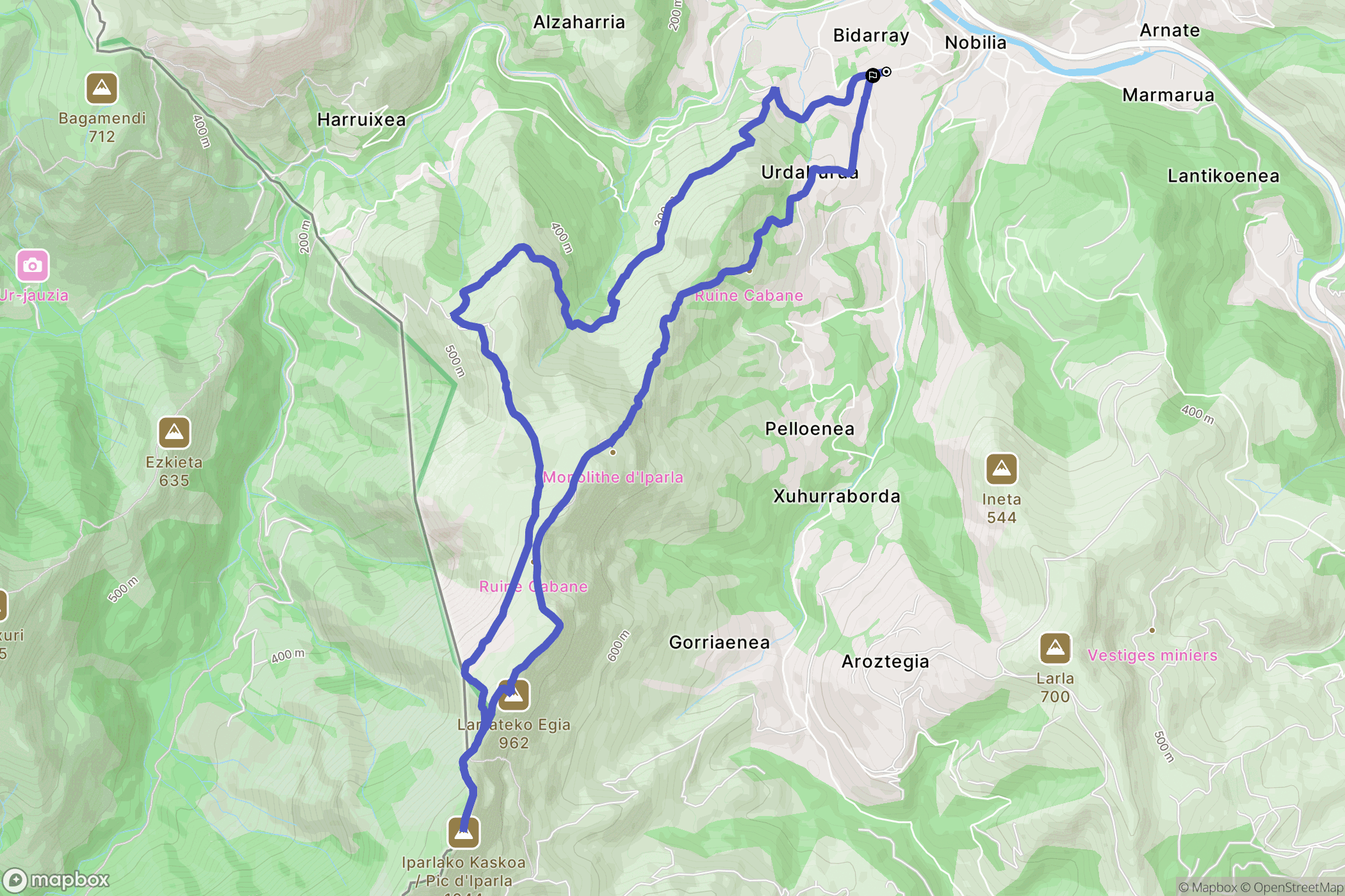 Bidarray : carte du parcours de randonnée - France