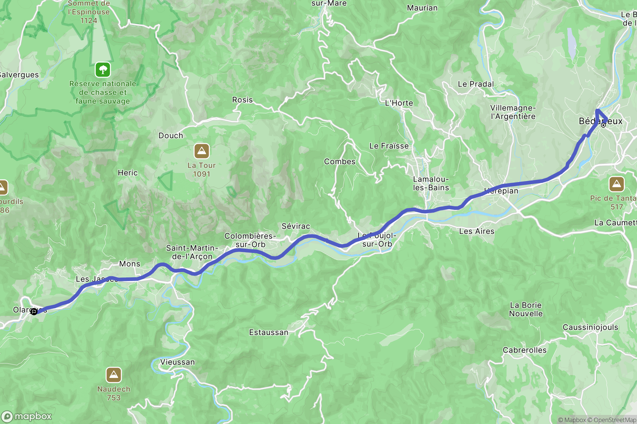 Bédarieux : carte du parcours de randonnée - France