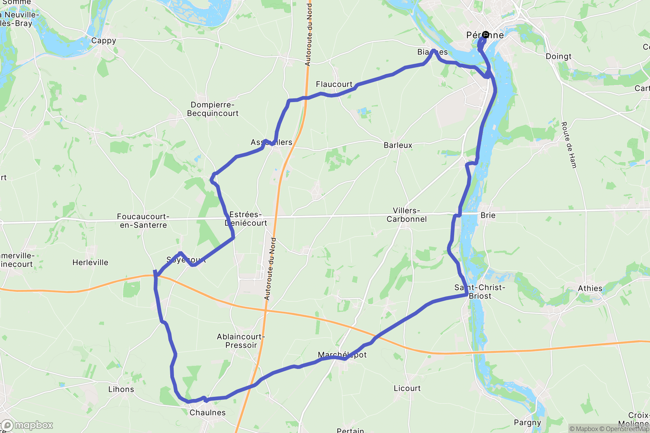 Péronne : carte du parcours de randonnée - France