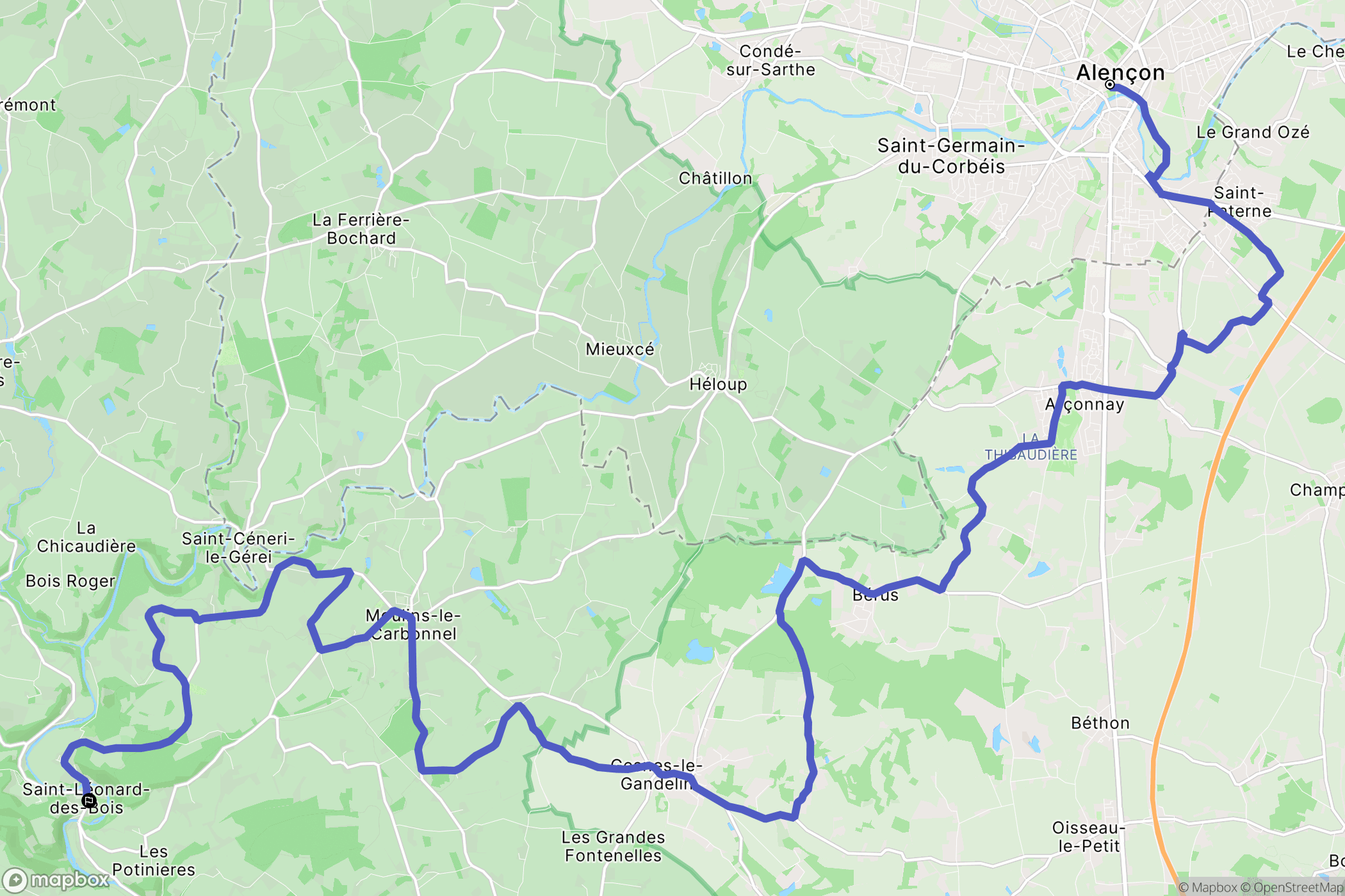 Alençon : carte du parcours de randonnée - France