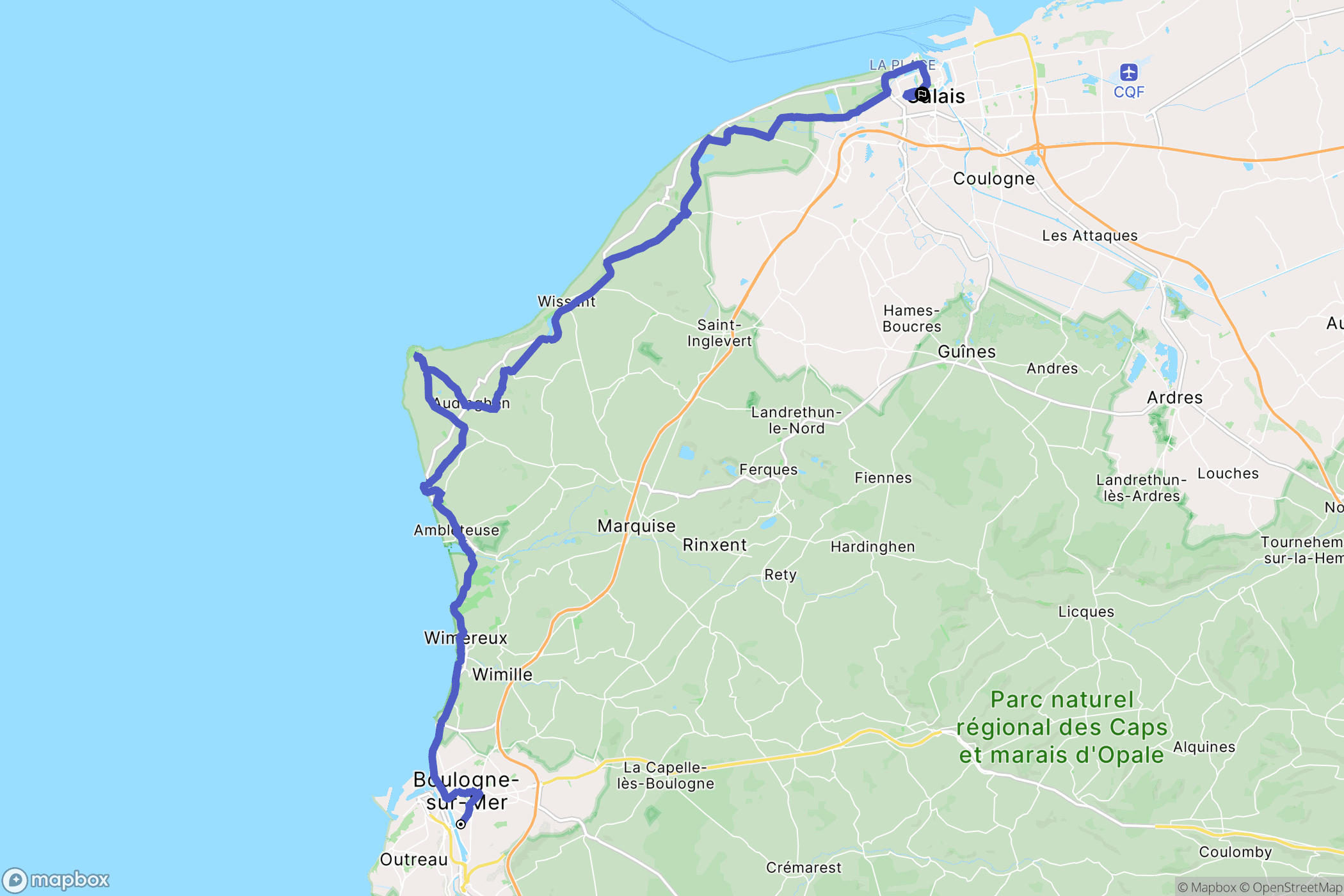 Boulogne-sur-Mer : carte du parcours de randonnée - France