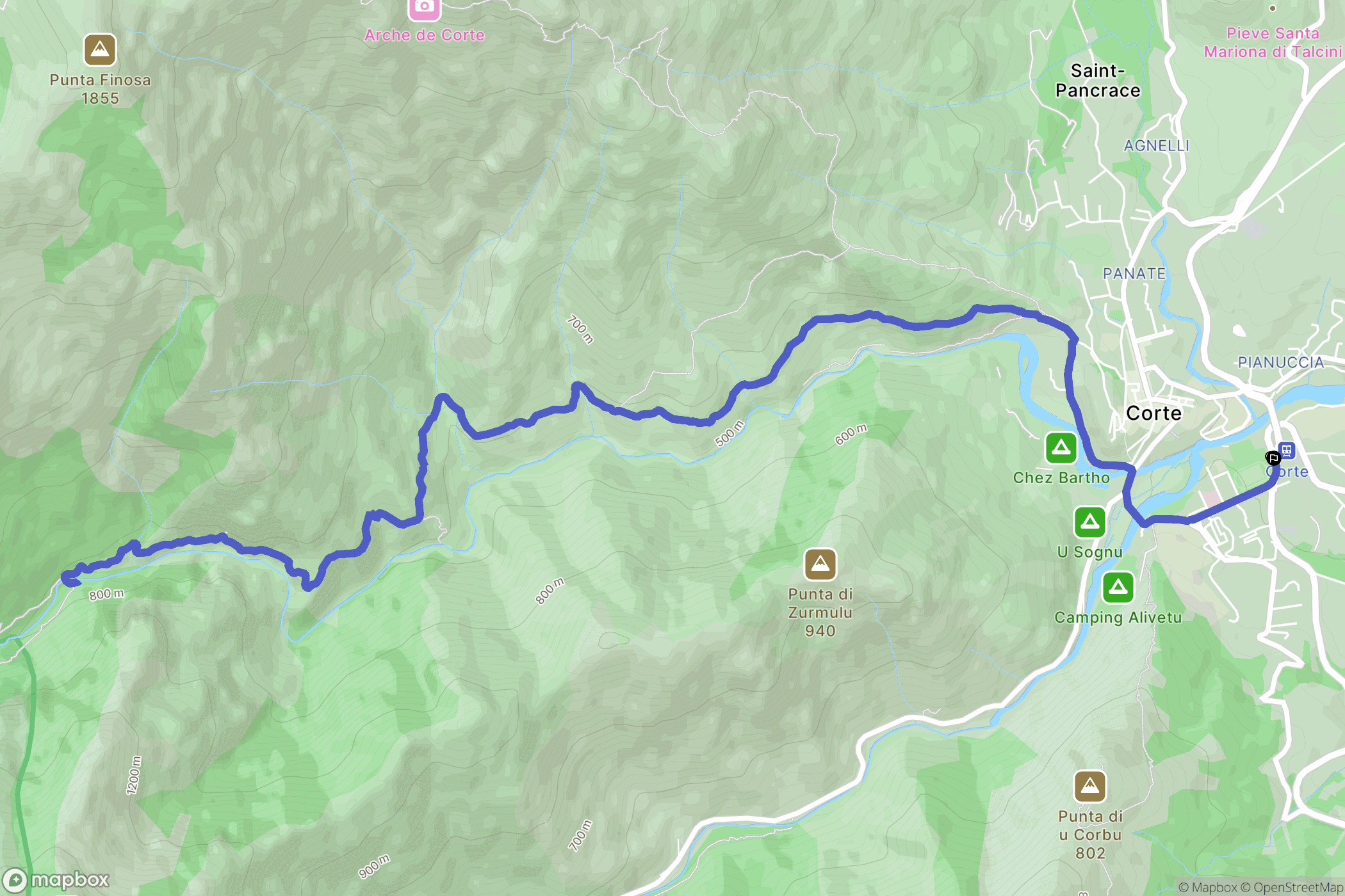 Corte : carte du parcours de randonnée - France