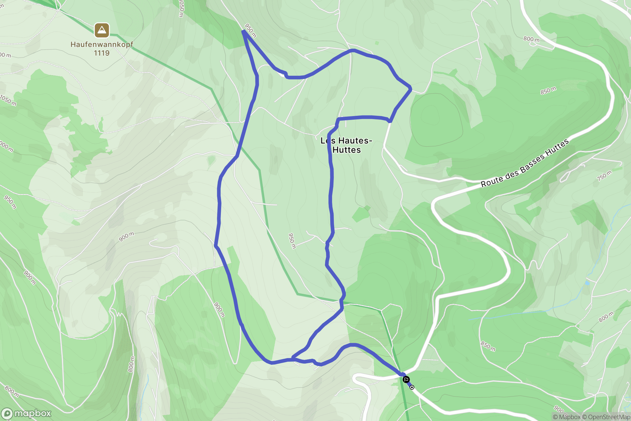 Les Hautes-Huttes, Orbey : carte du parcours de randonnée - France