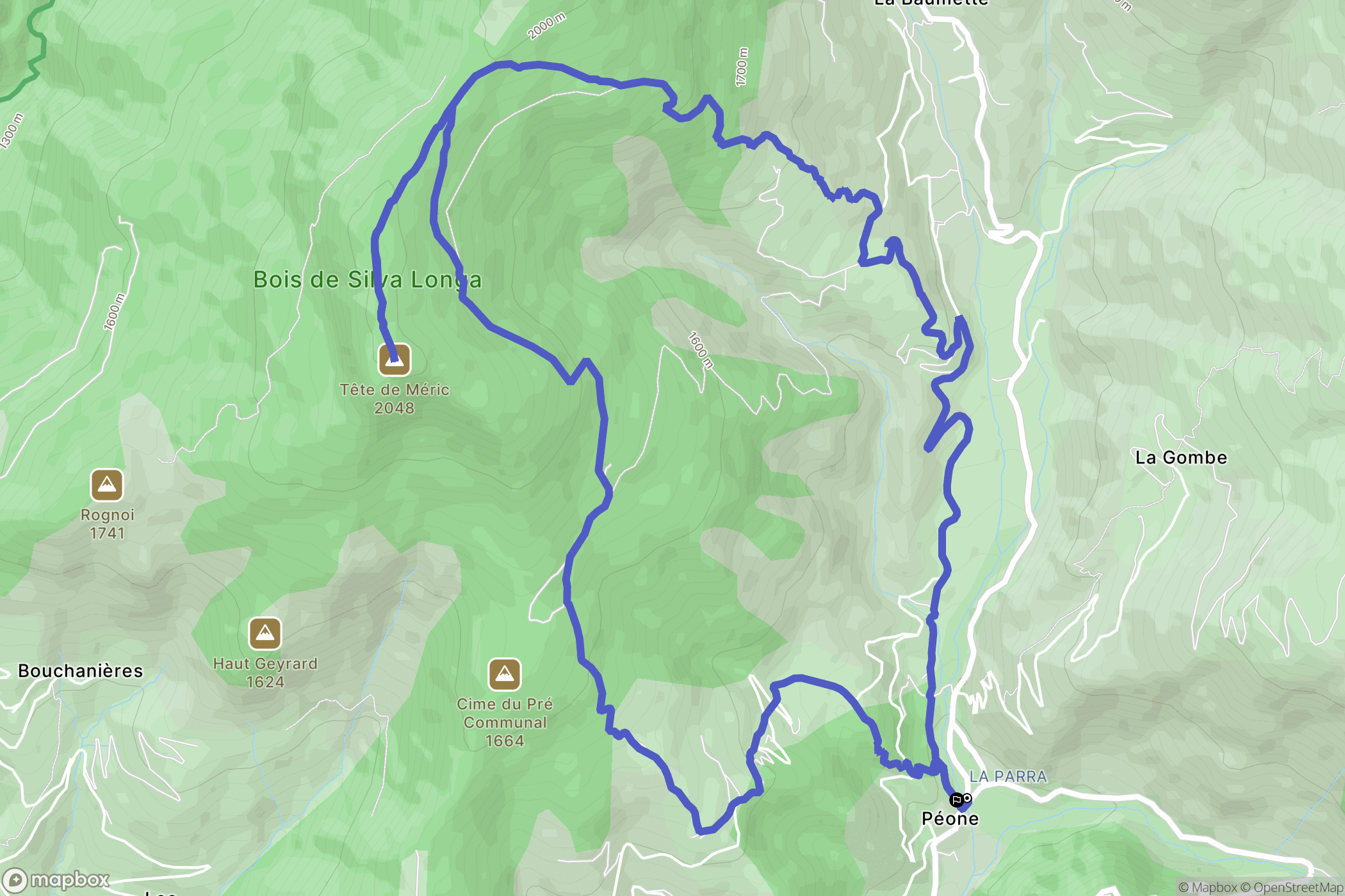 Péone : carte du parcours de randonnée - France