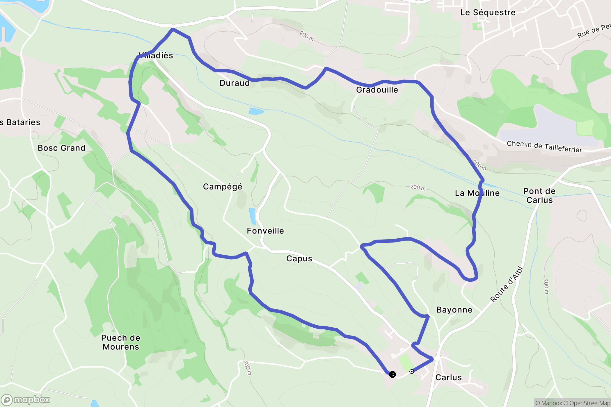 Carlus : carte du parcours de randonnée - France
