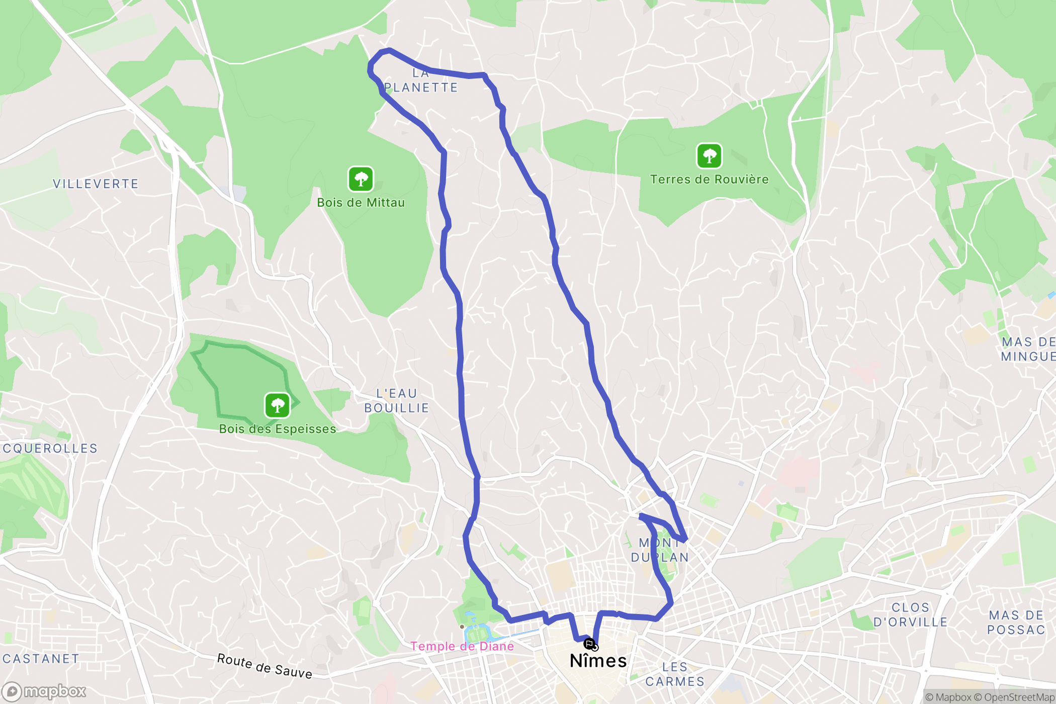 Nîmes : carte du parcours de randonnée - France