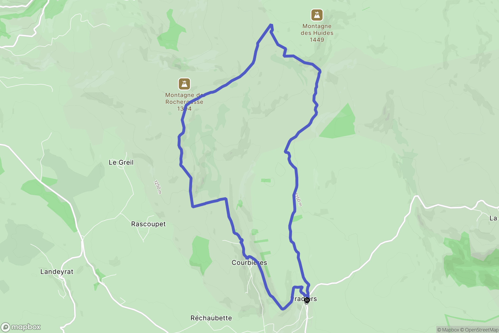 Pradiers : carte du parcours de randonnée - France