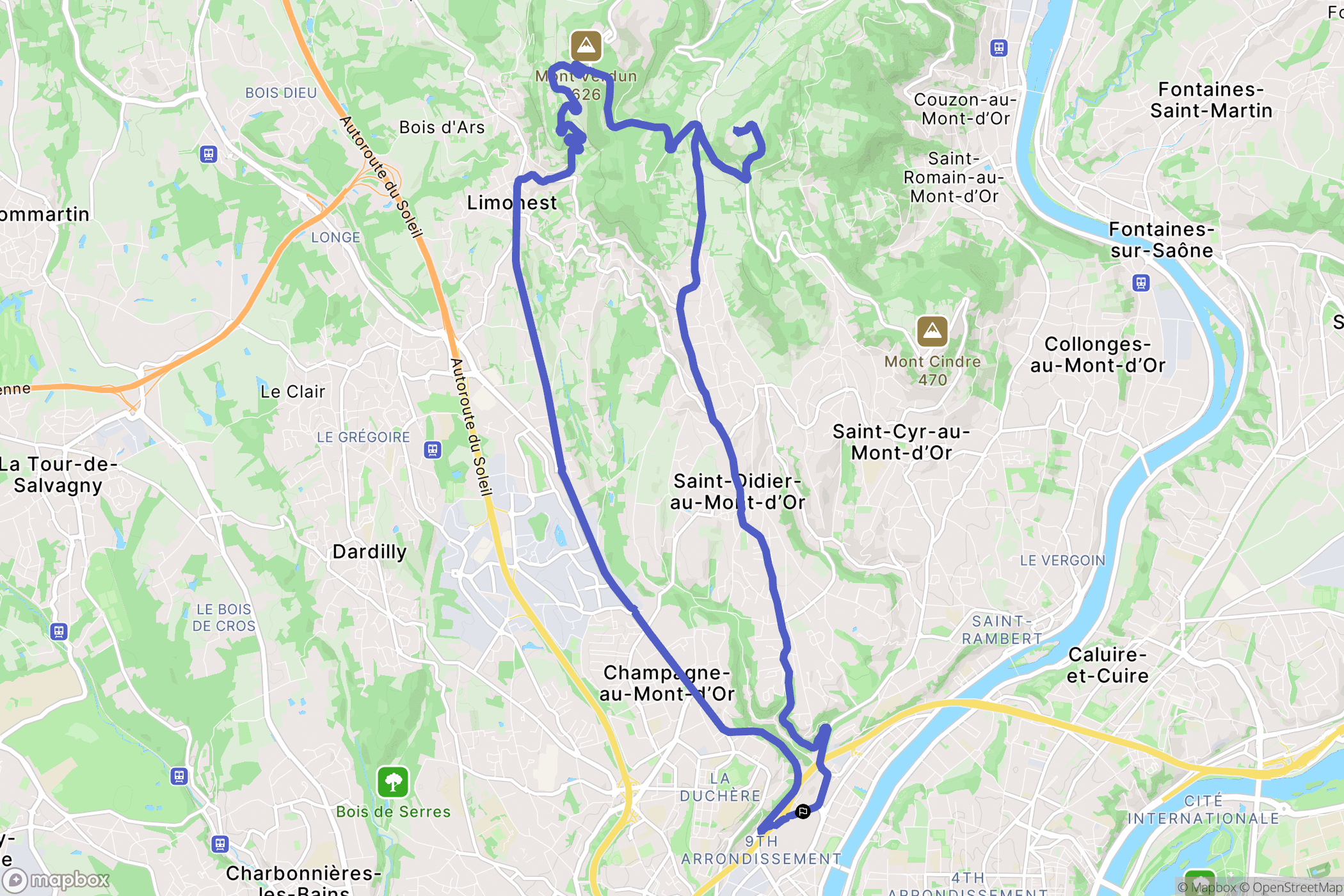 Lyon : carte du parcours de randonnée - France