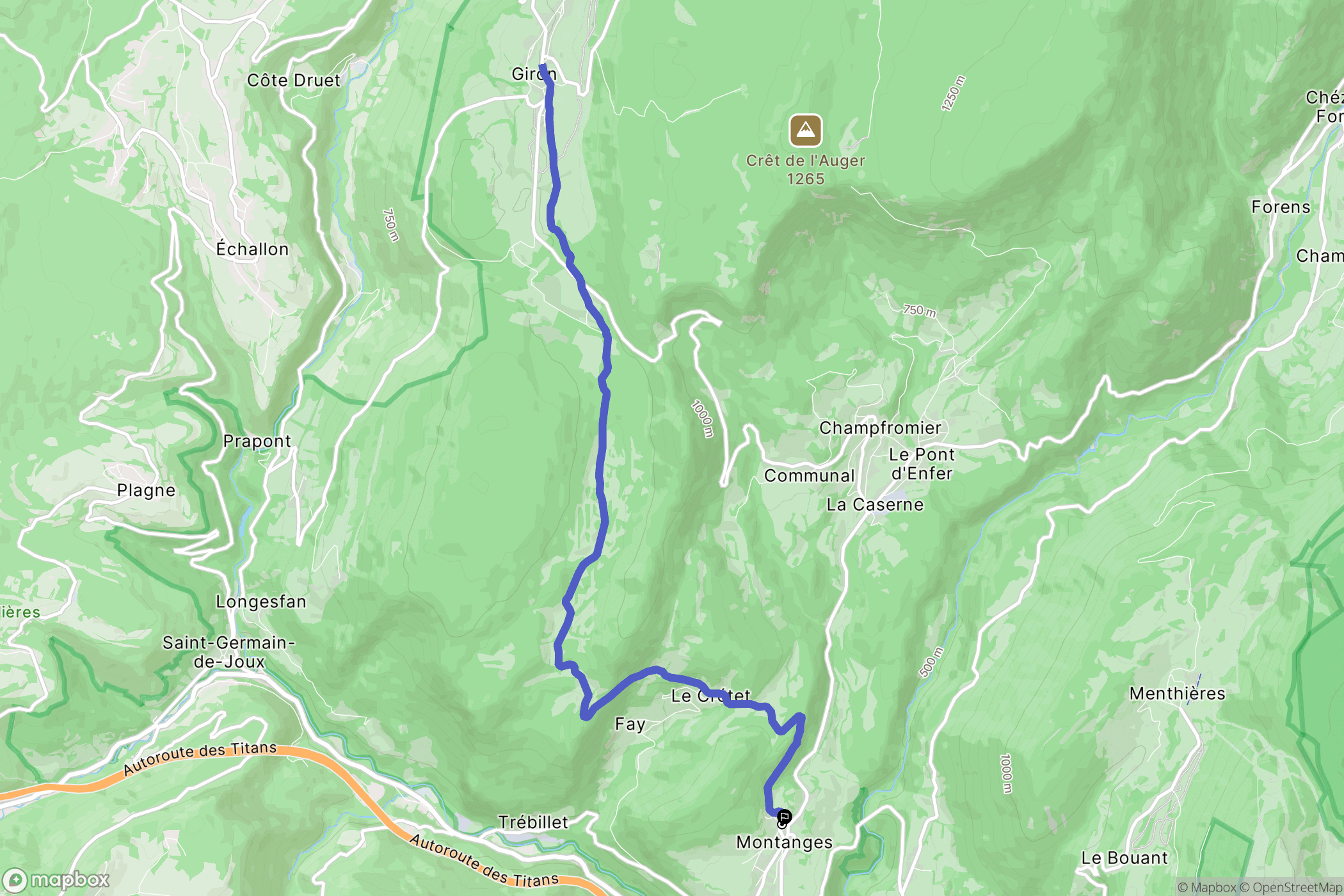 Montanges : carte du parcours de randonnée - France