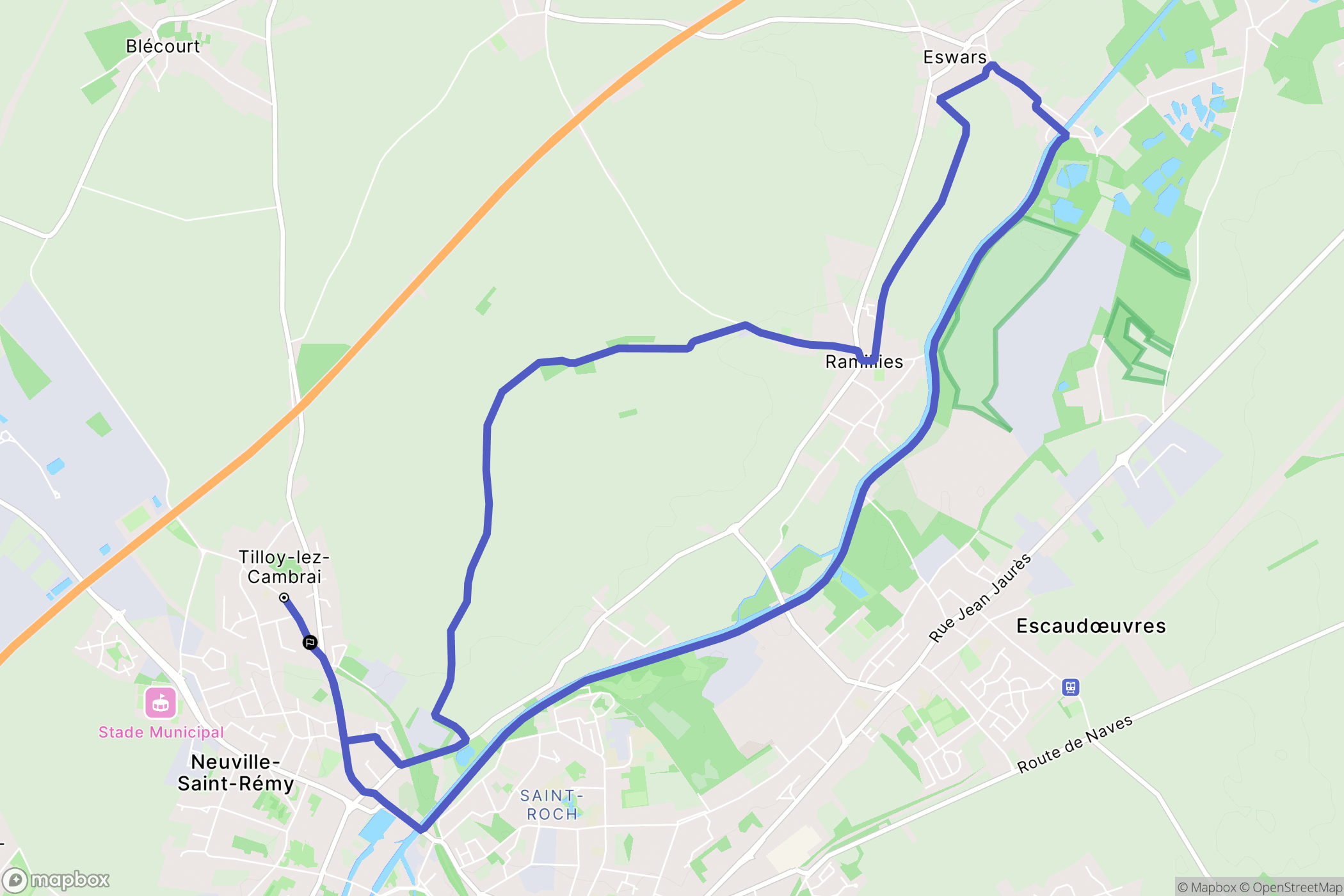 Tilloy-lez-Cambrai : carte du parcours de randonnée - France