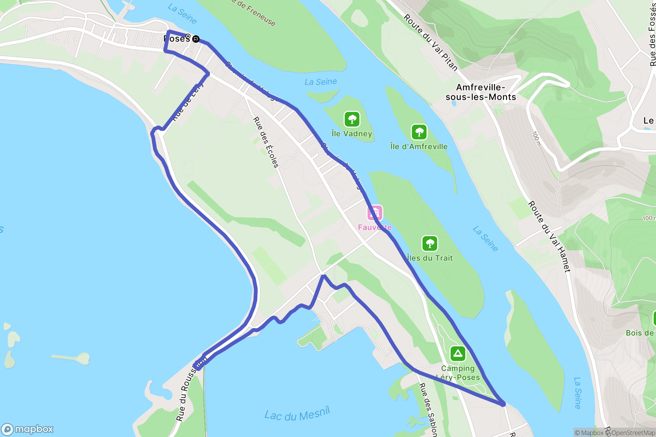 Poses : carte du parcours de randonnée - France