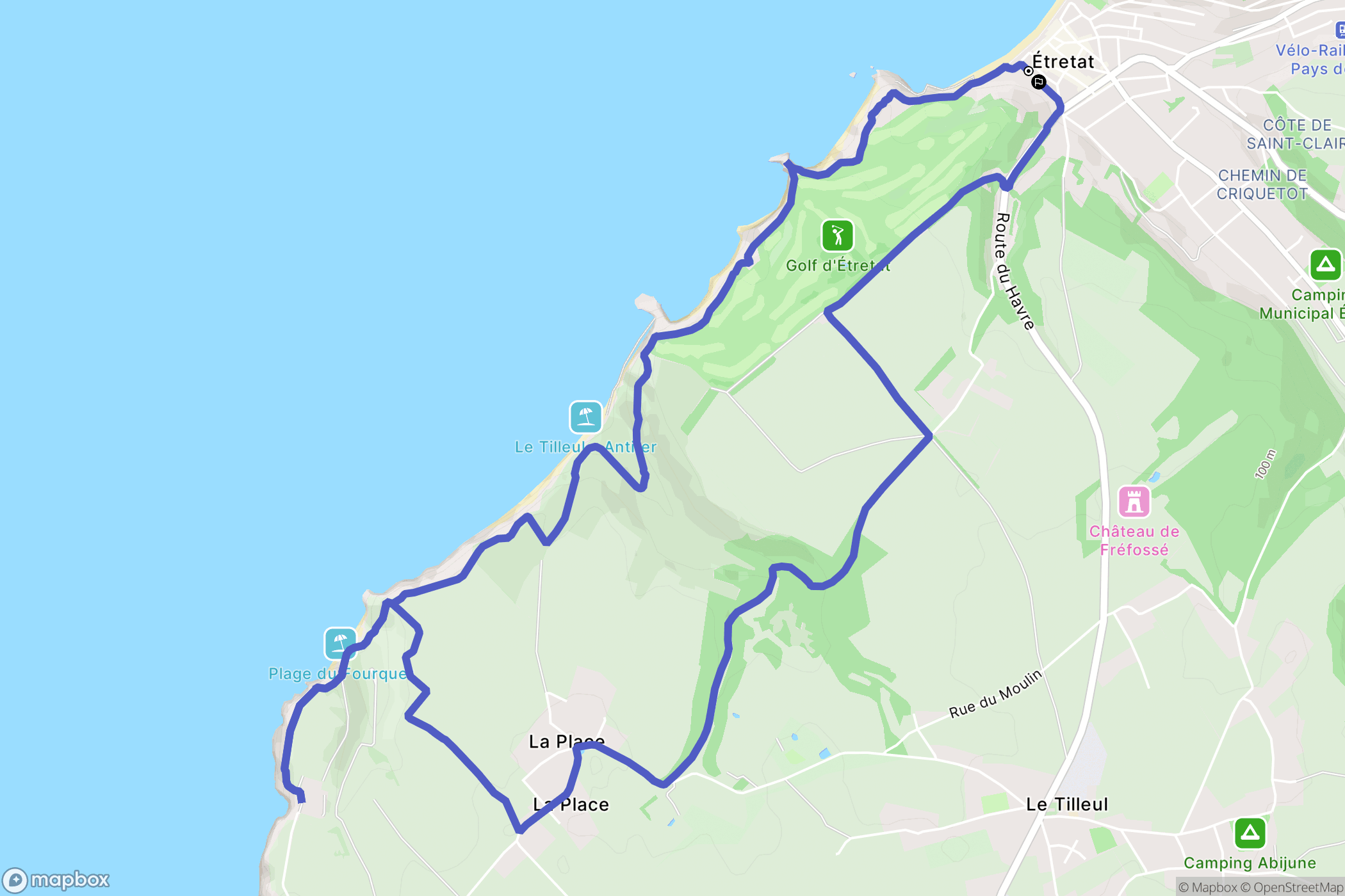 Étretat : carte du parcours de randonnée - France