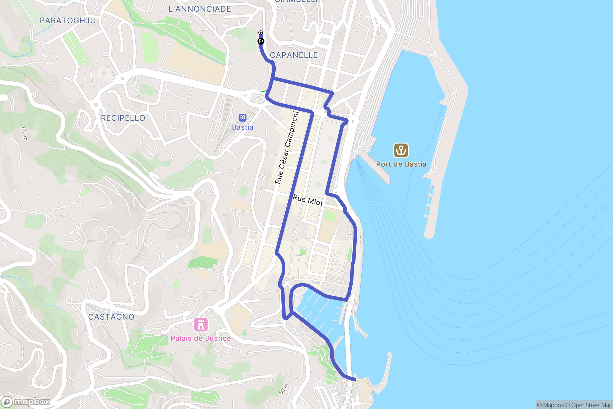 Bastia : carte du parcours de randonnée - France