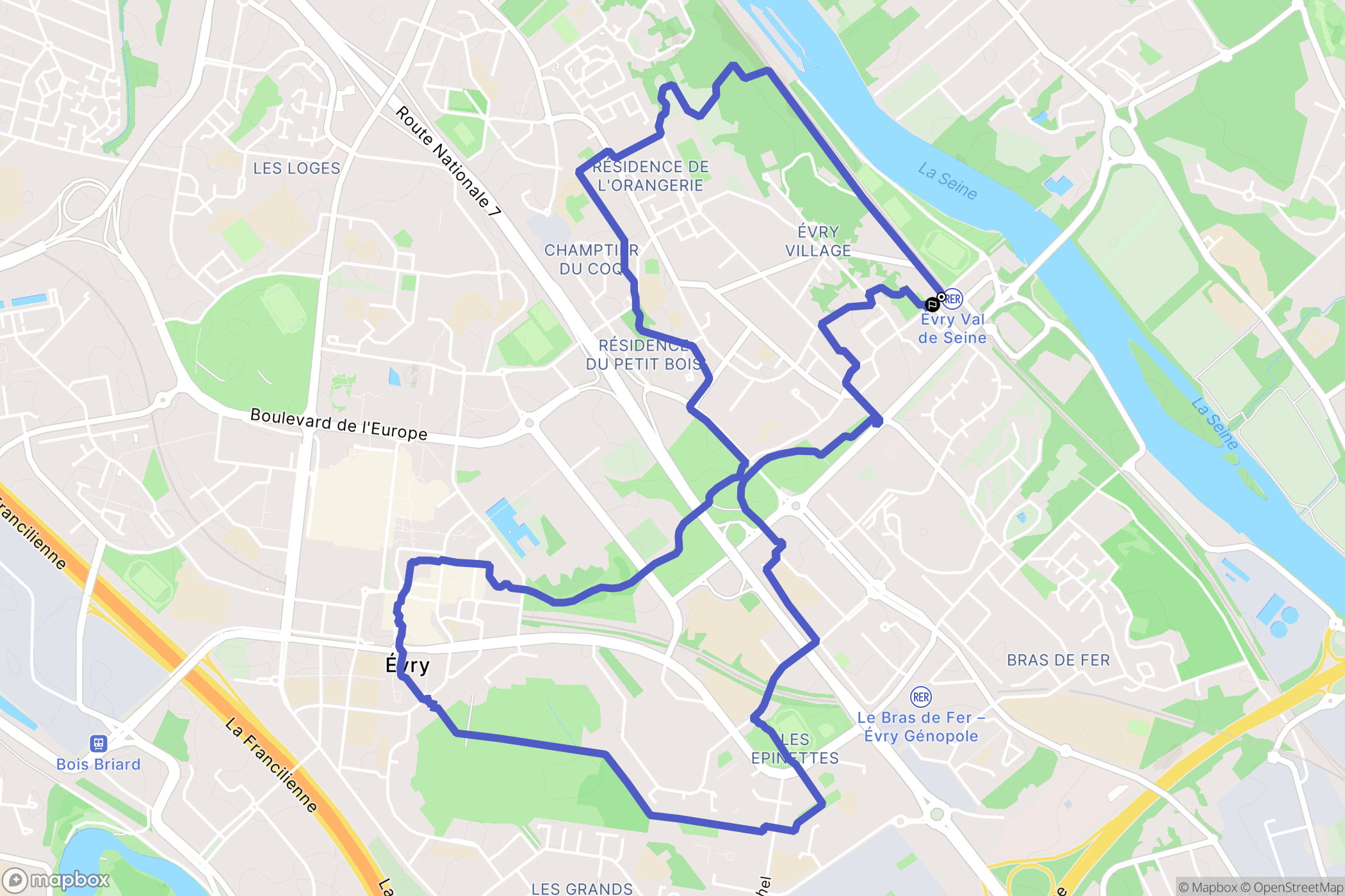 Évry-Courcouronnes : carte du parcours de randonnée - France