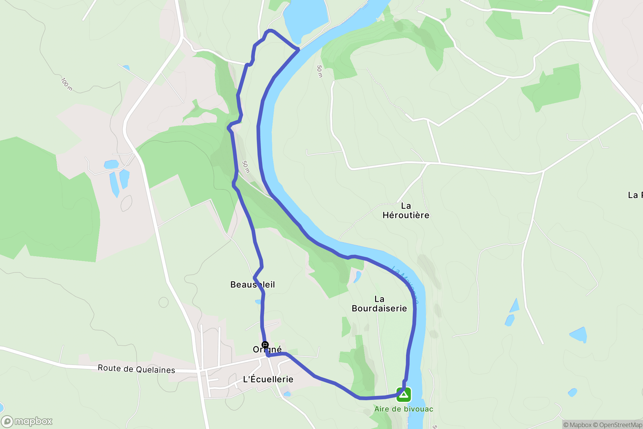 Origne : carte du parcours de randonnée - France