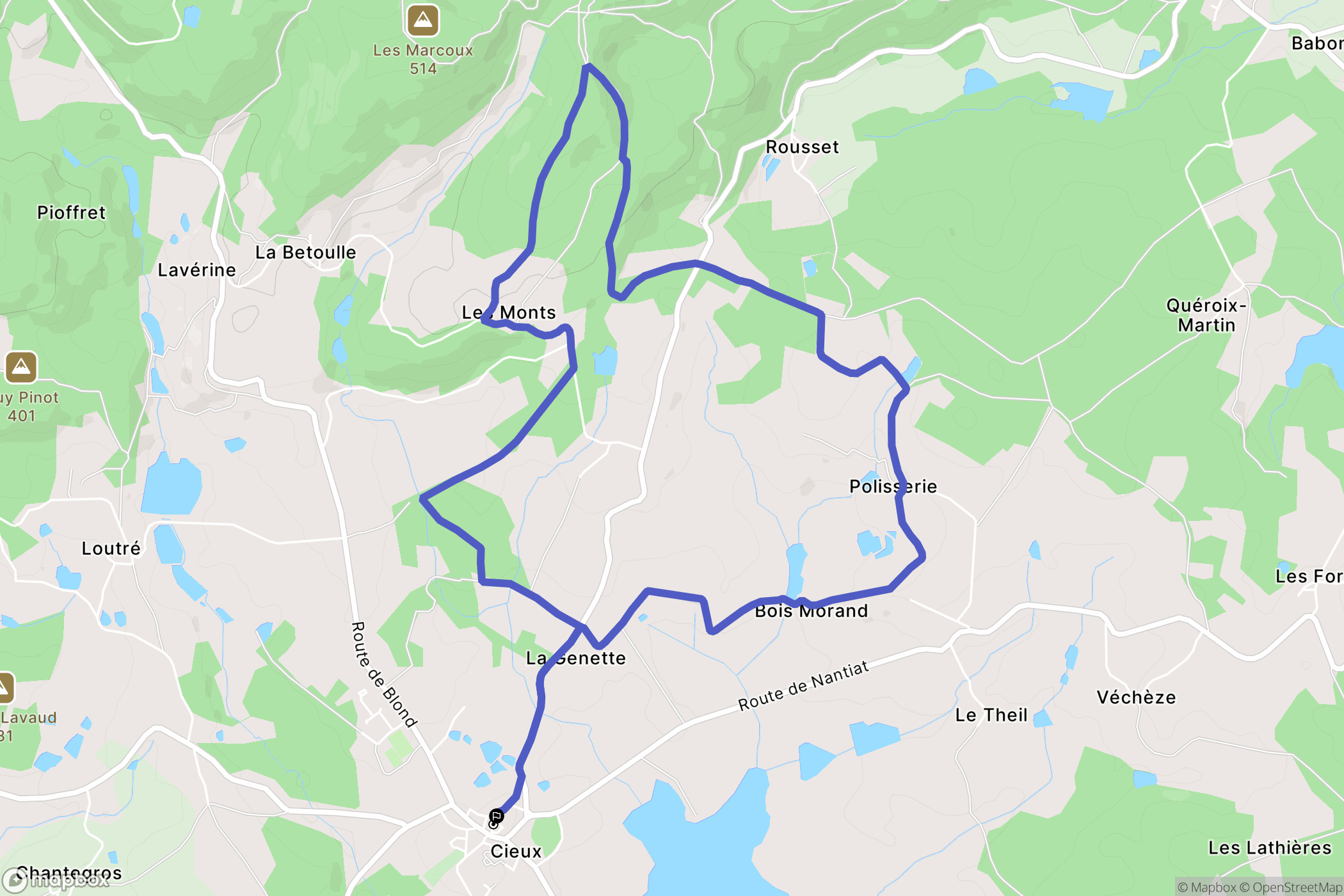 Cieux : carte du parcours de randonnée - France