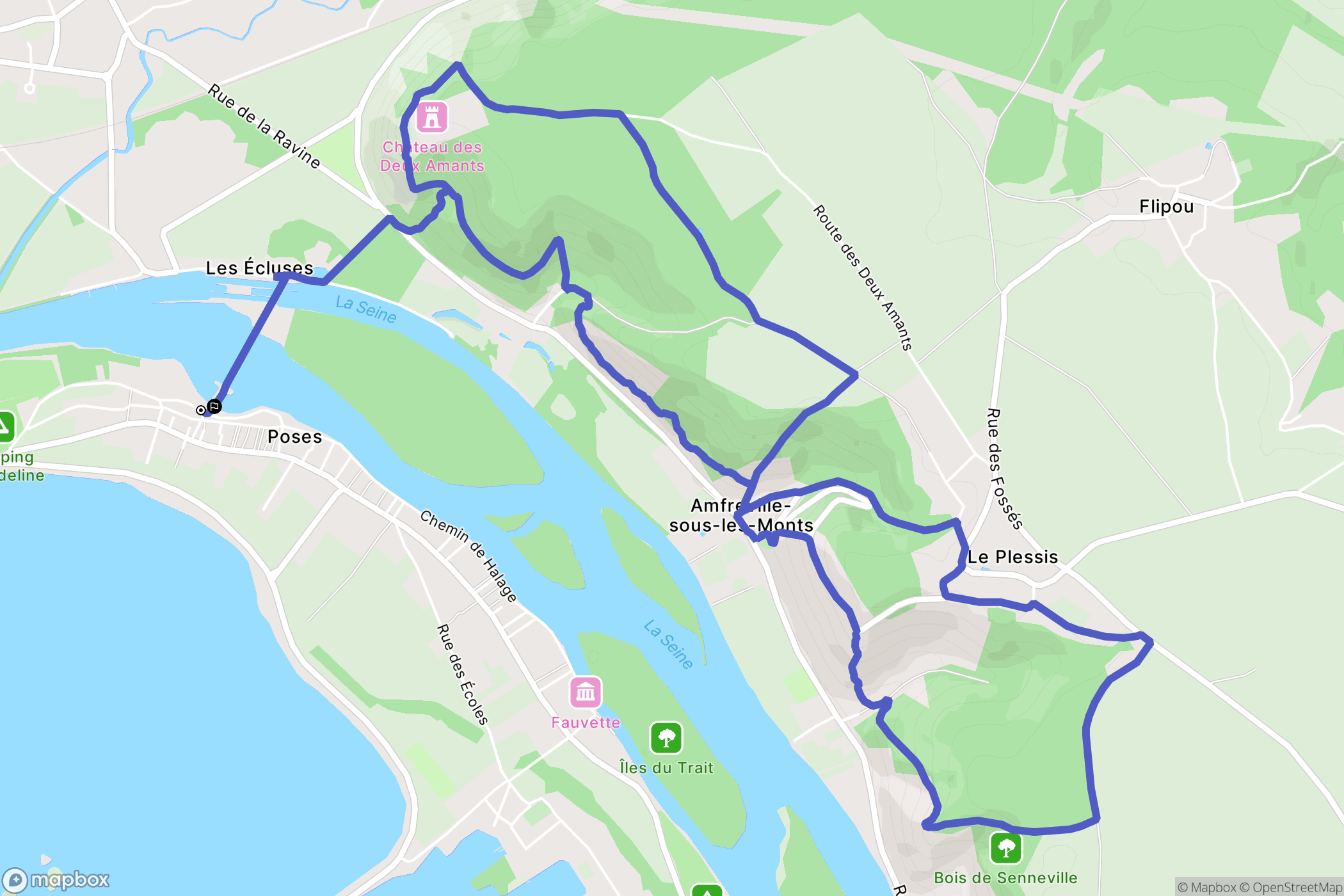 Poses : carte du parcours de randonnée - France