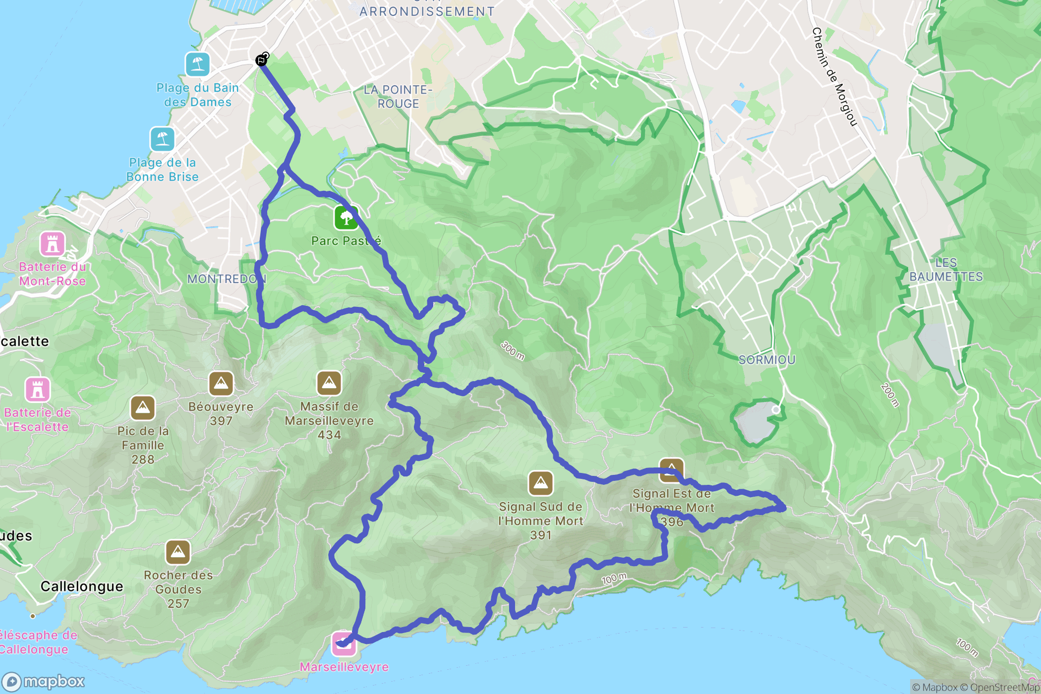 Marseille : carte du parcours de randonnée - France