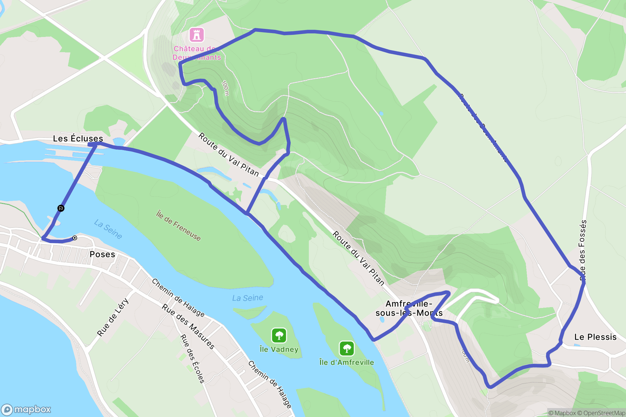 Poses : carte du parcours de randonnée - France