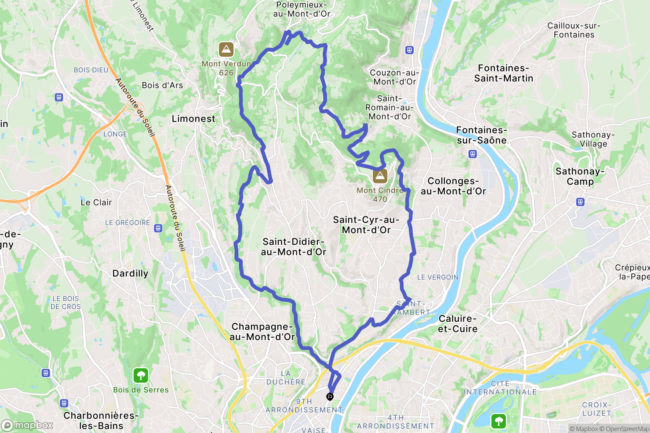 Lyon : carte du parcours de randonnée - France