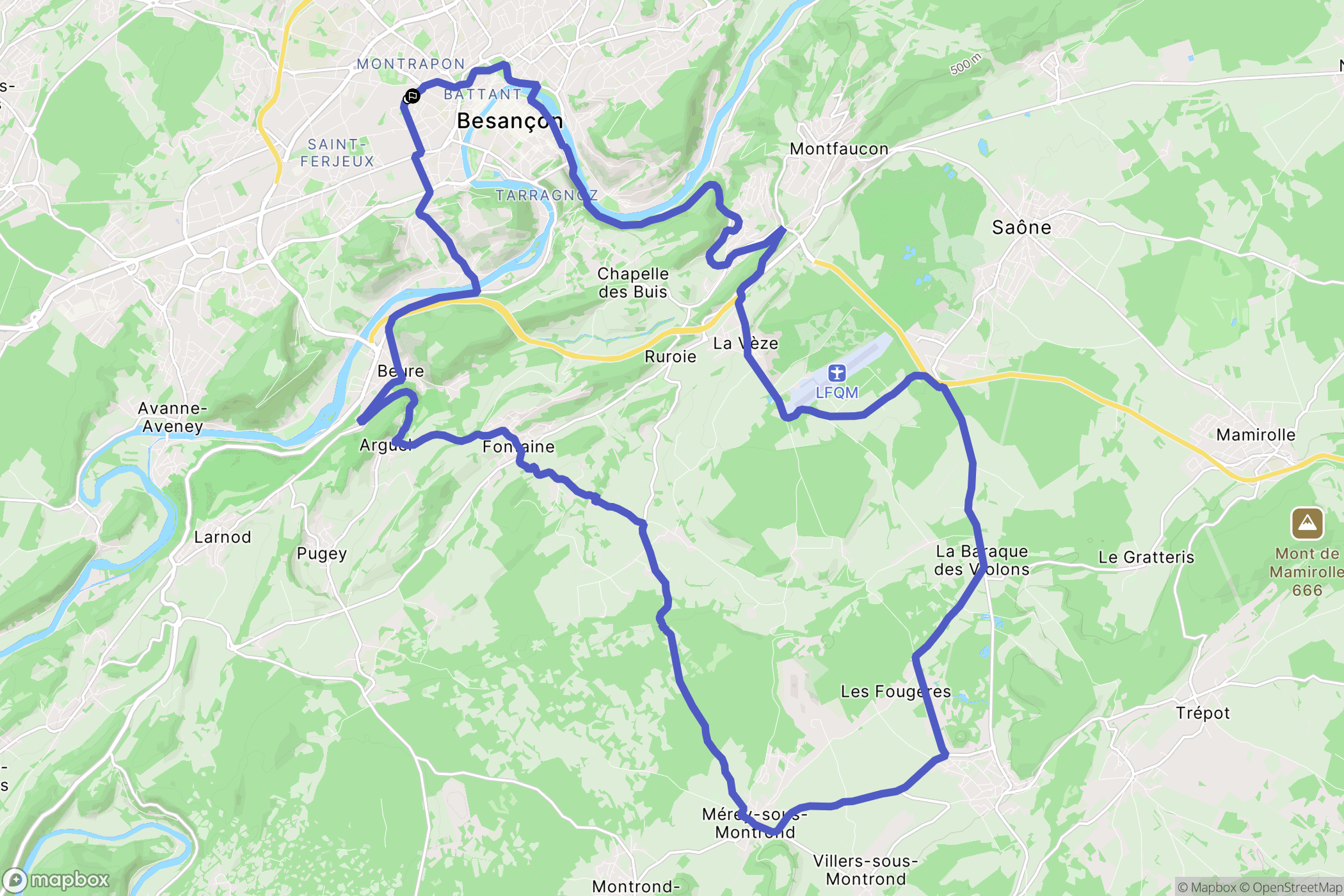 Besançon : carte du parcours de randonnée - France