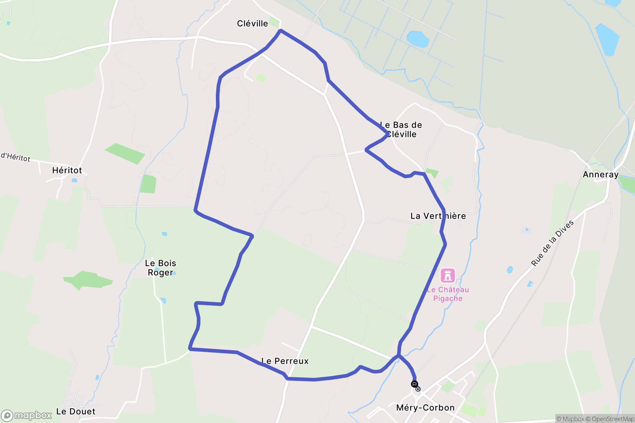 Méry-Bissières-en-Auge : carte du parcours de randonnée - France