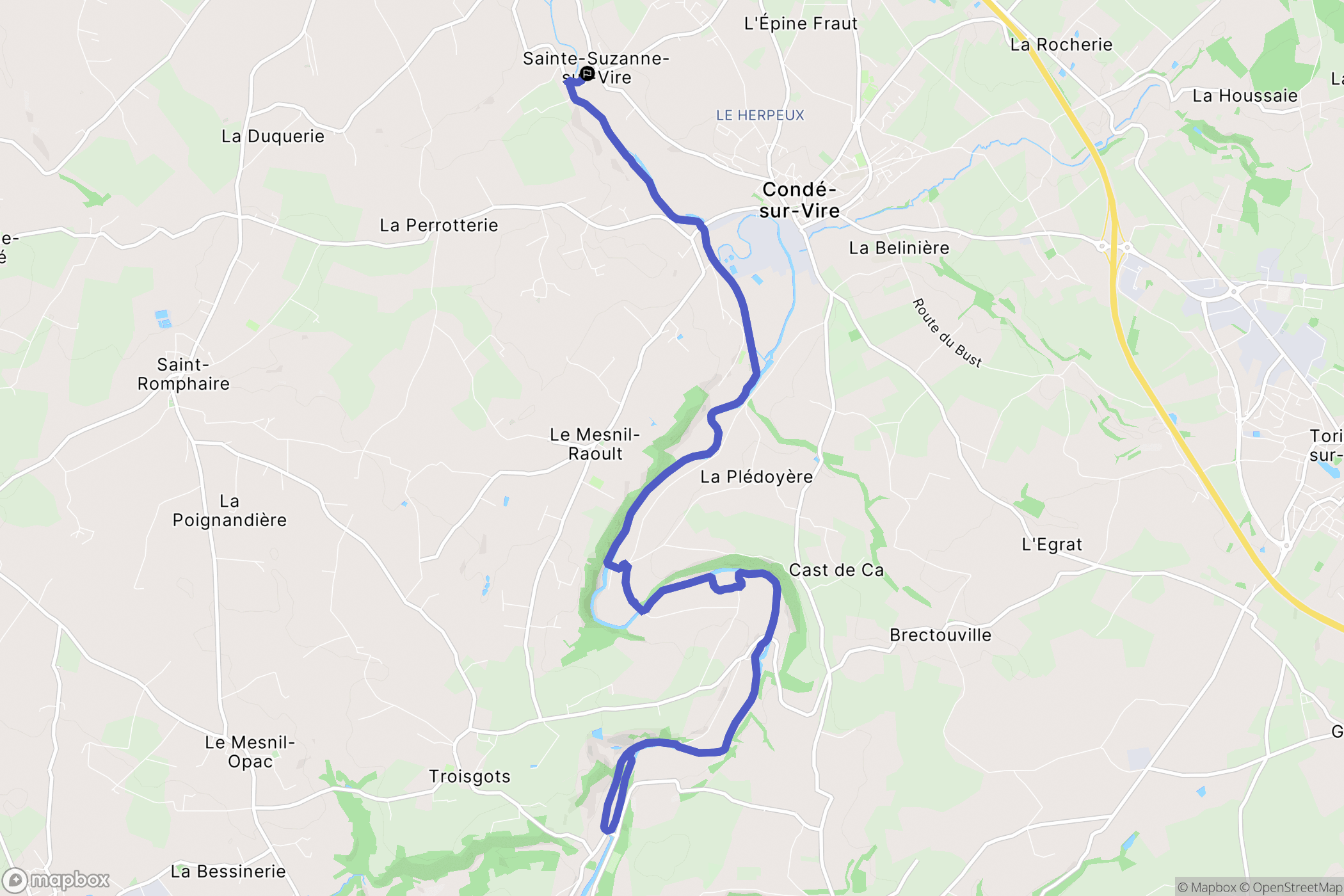 Sainte-Suzanne-sur-Vire : carte du parcours de randonnée - France