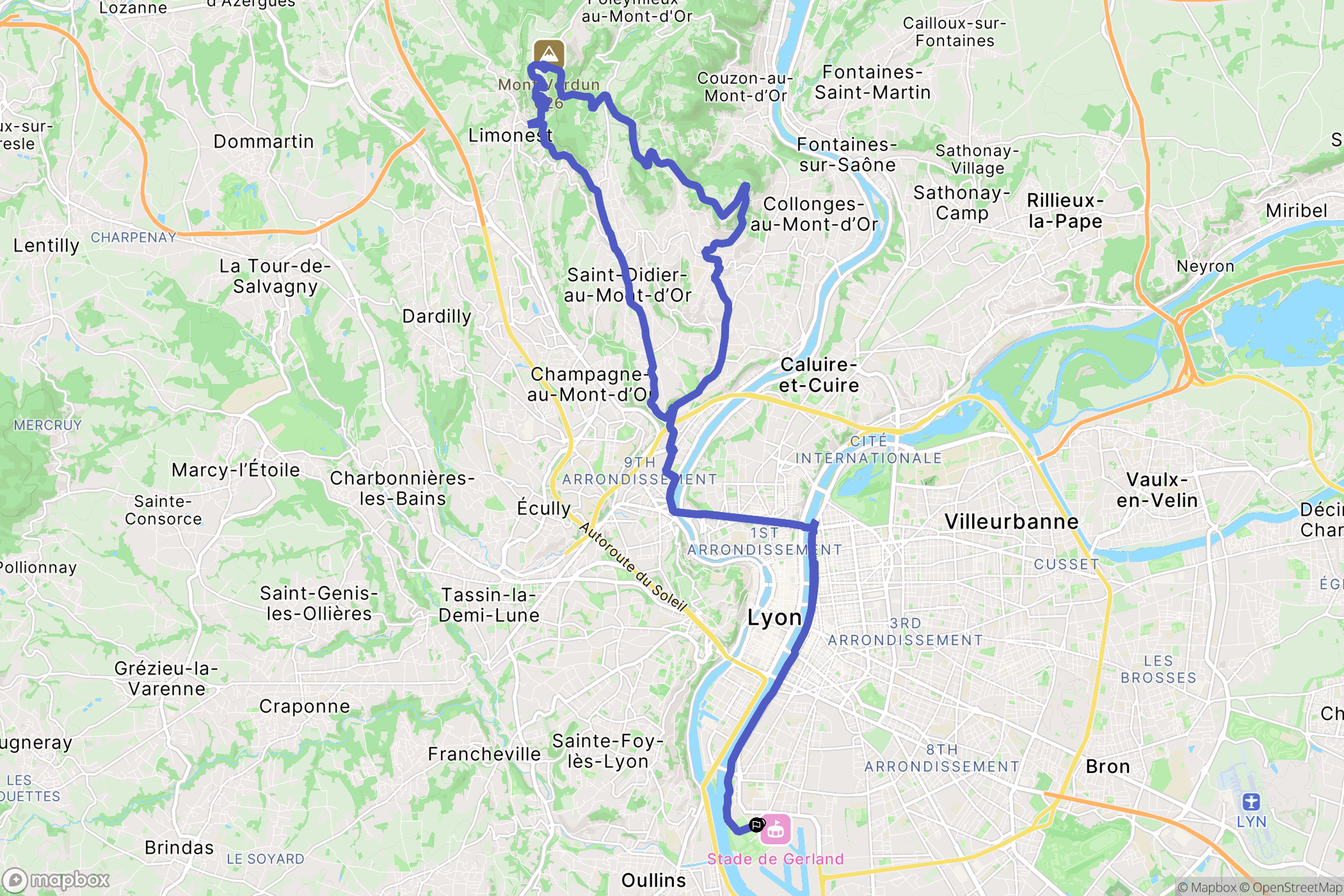 Lyon : carte du parcours de randonnée - France
