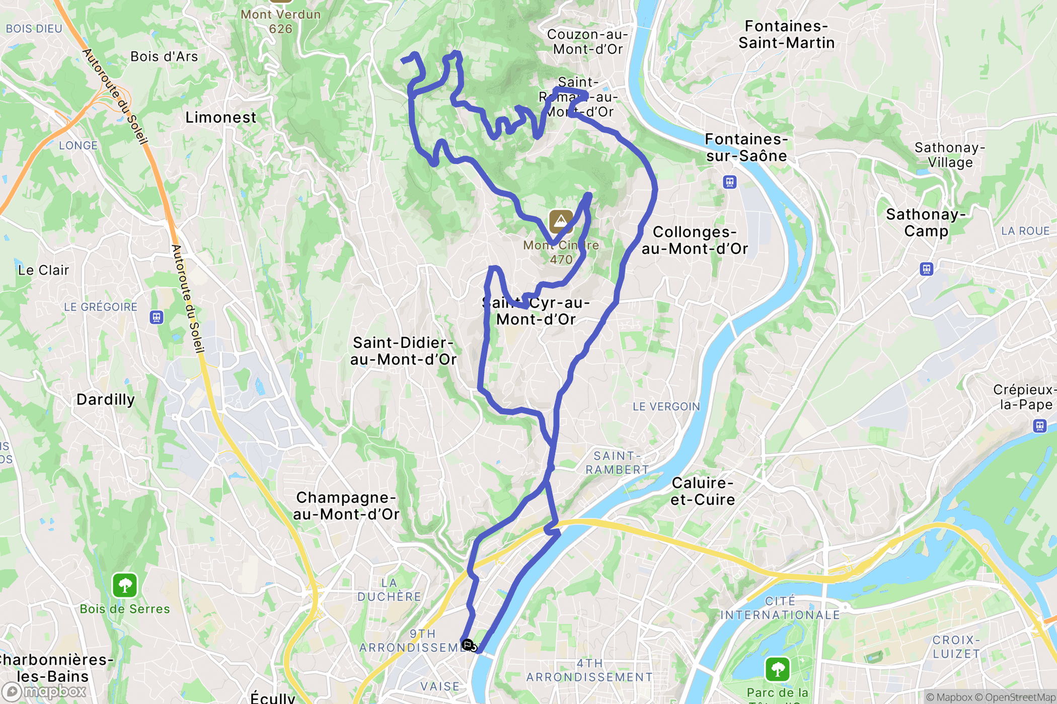 Lyon : carte du parcours de randonnée - France
